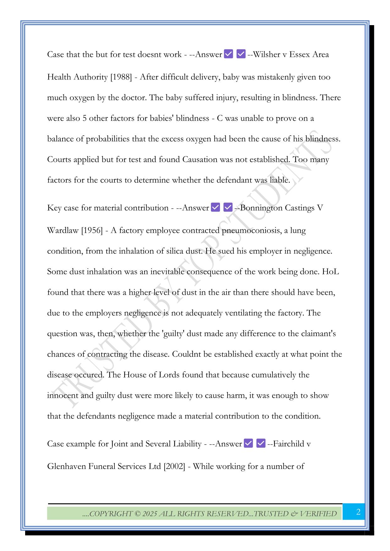 Tort Law Exam 2025 Questions and Answers
