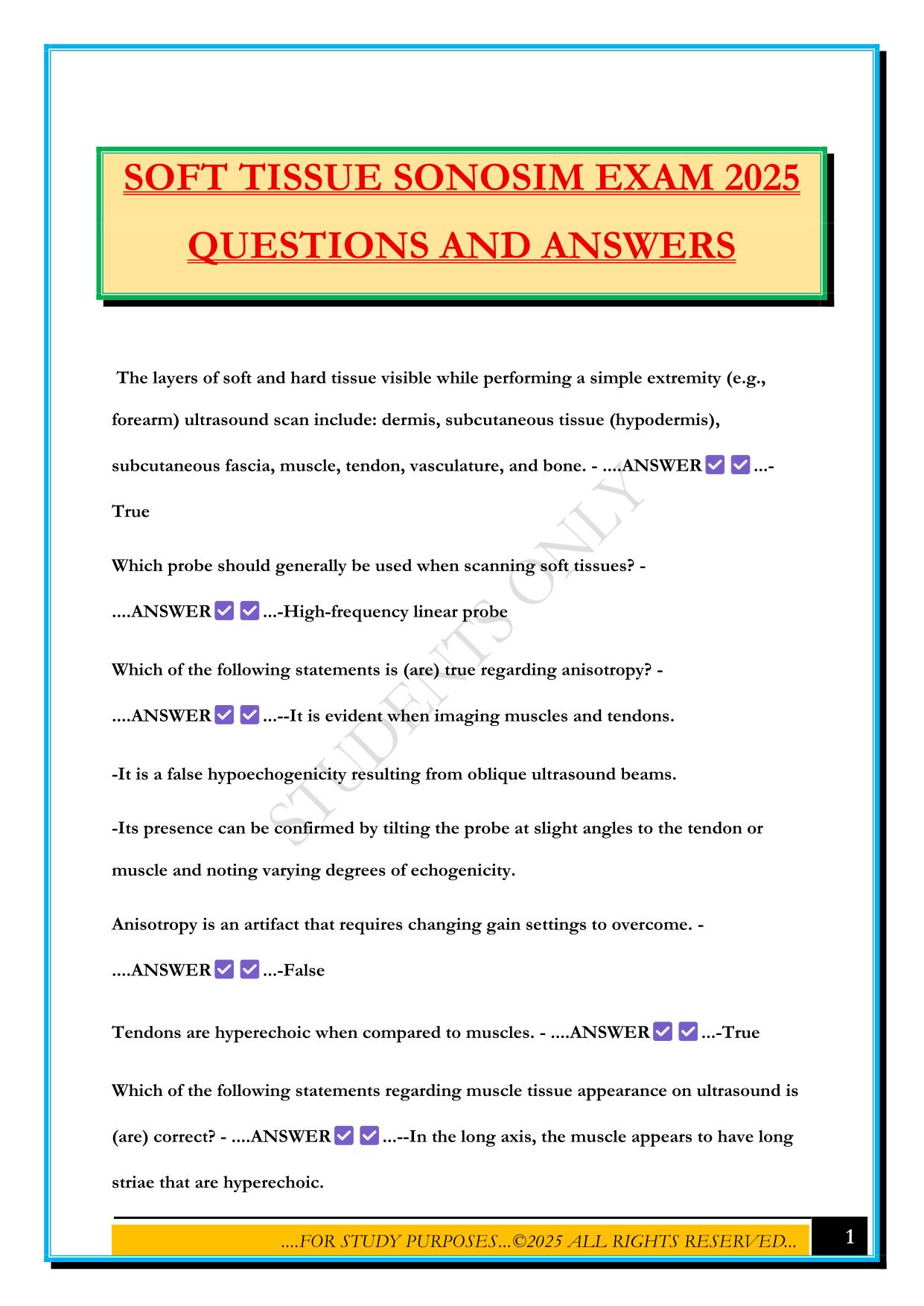 SOFT TISSUE SONOSIM EXAM 2025 QUESTIONS AND ANSWERS