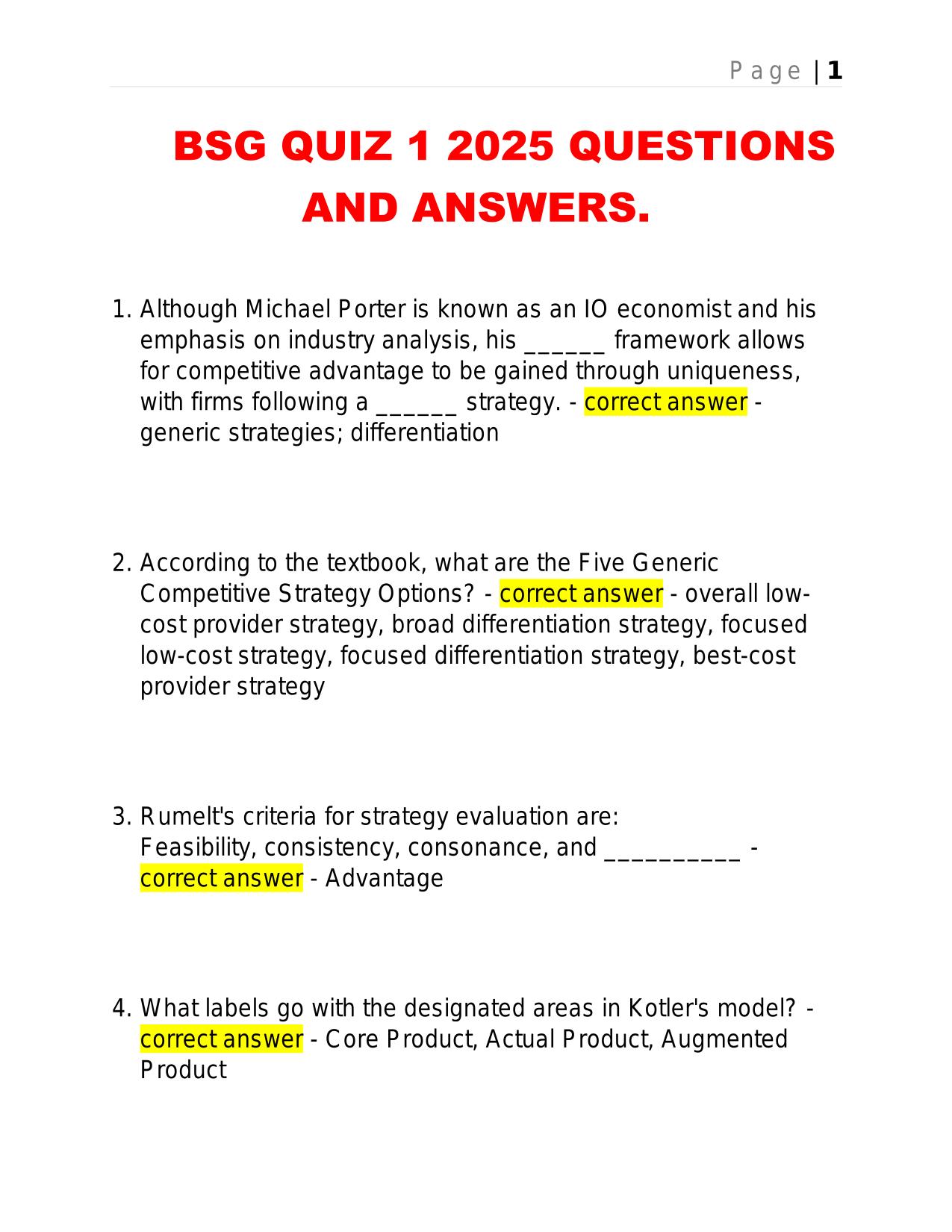 BSG QUIZ 1 2025 QUESTIONS AND ANSWERS.
