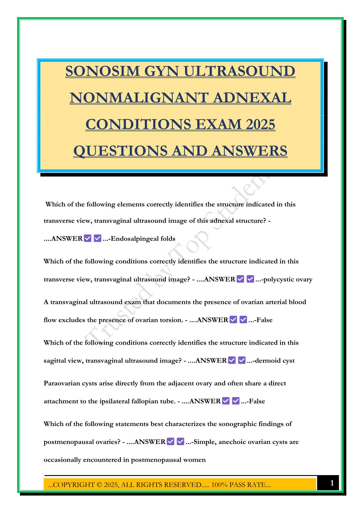 SONOSIM GYN ULTRASOUND NONMALIGNANT ADNEXAL CONDITIONS EXAM 2025 QUESTIONS AND ANSWERS