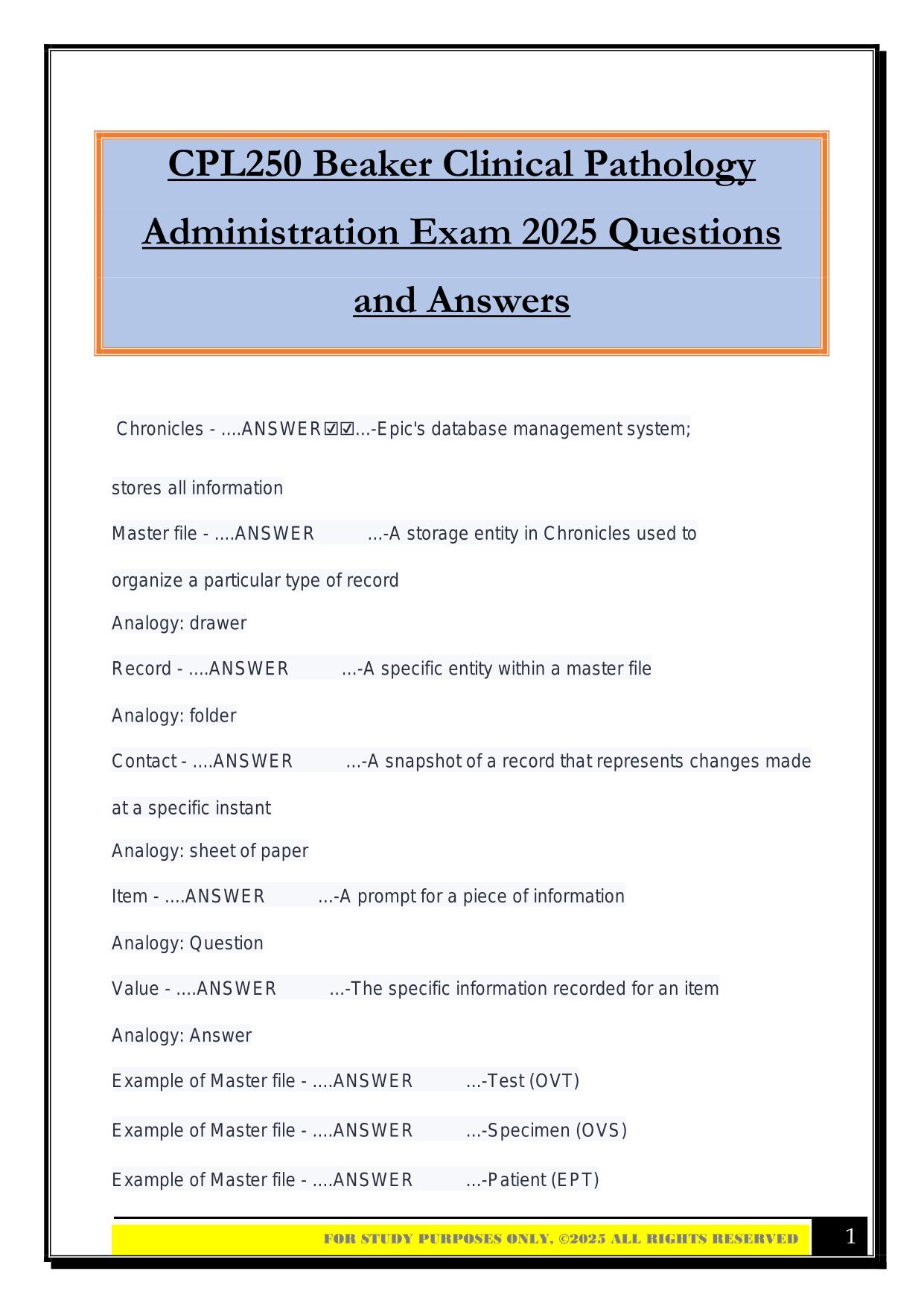 CPL250 Beaker Clinical Pathology Administration Exam 2025 Questions and Answers