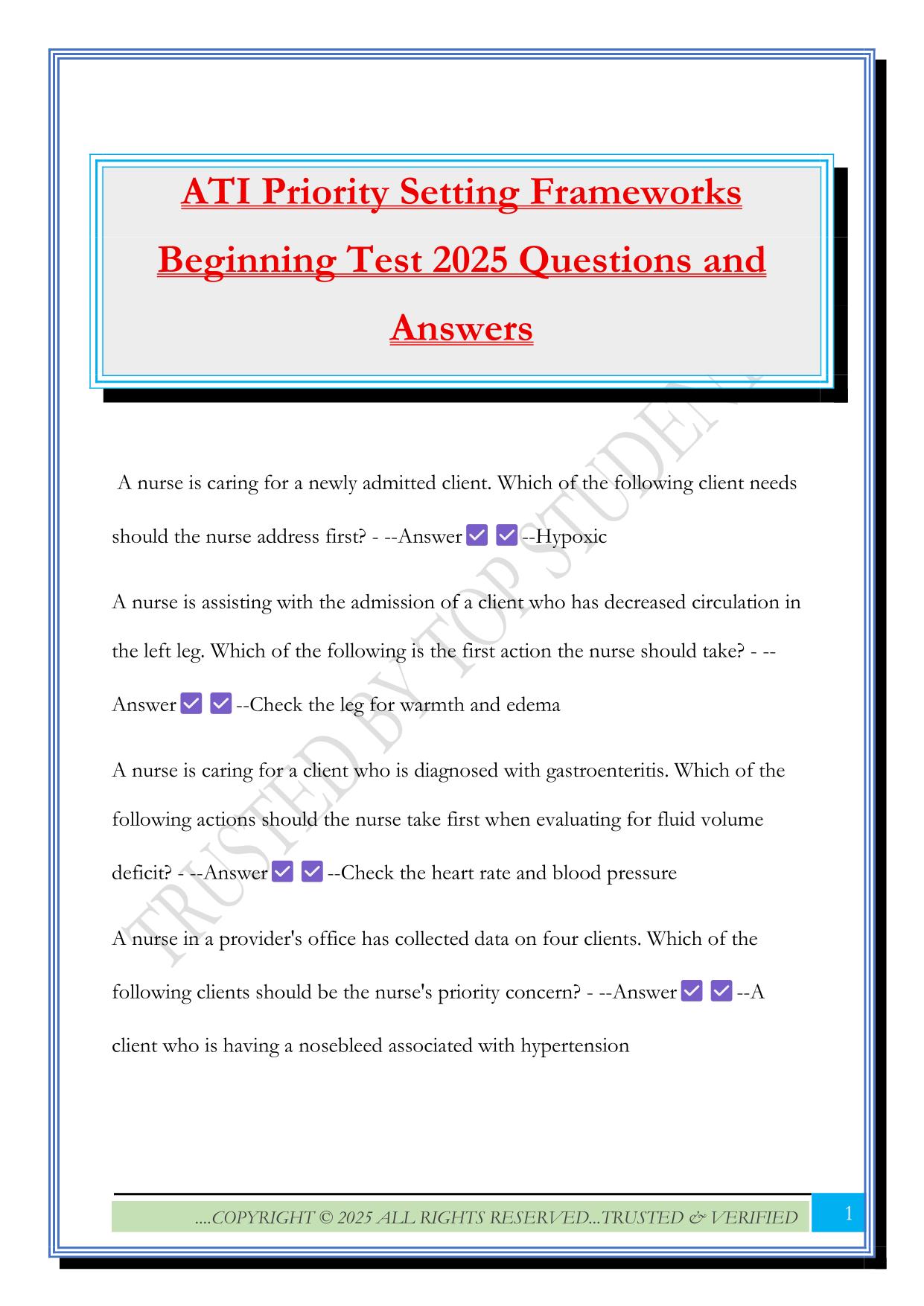 ATI Priority Setting Frameworks Beginning Test 2025 Questions and Answers