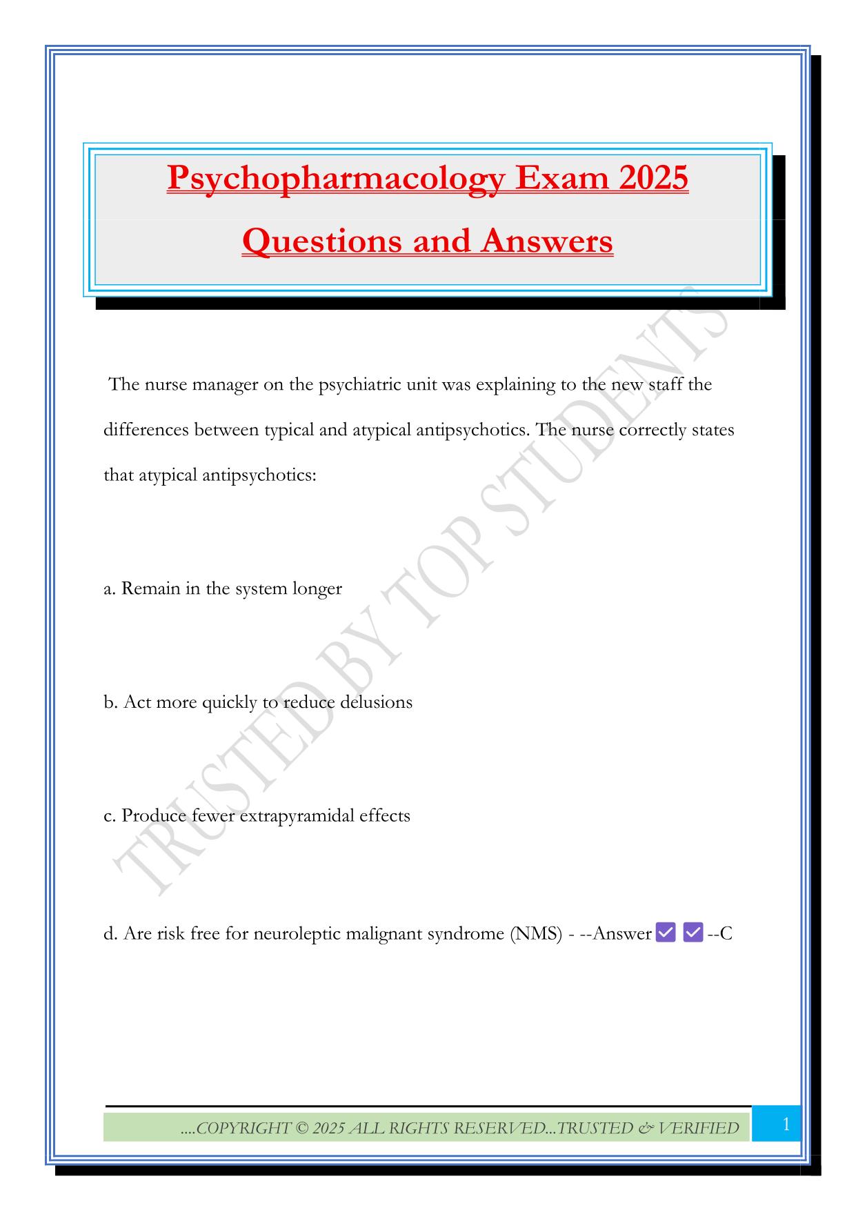 Psychopharmacology Exam 2025 Questions and Answers