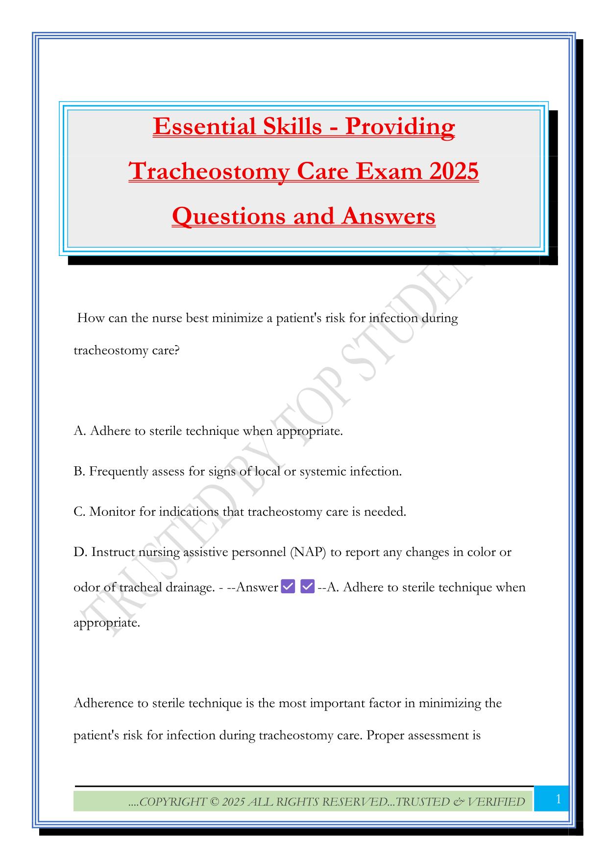 Essential Skills - Providing Tracheostomy Care Exam 2025 Questions and Answers