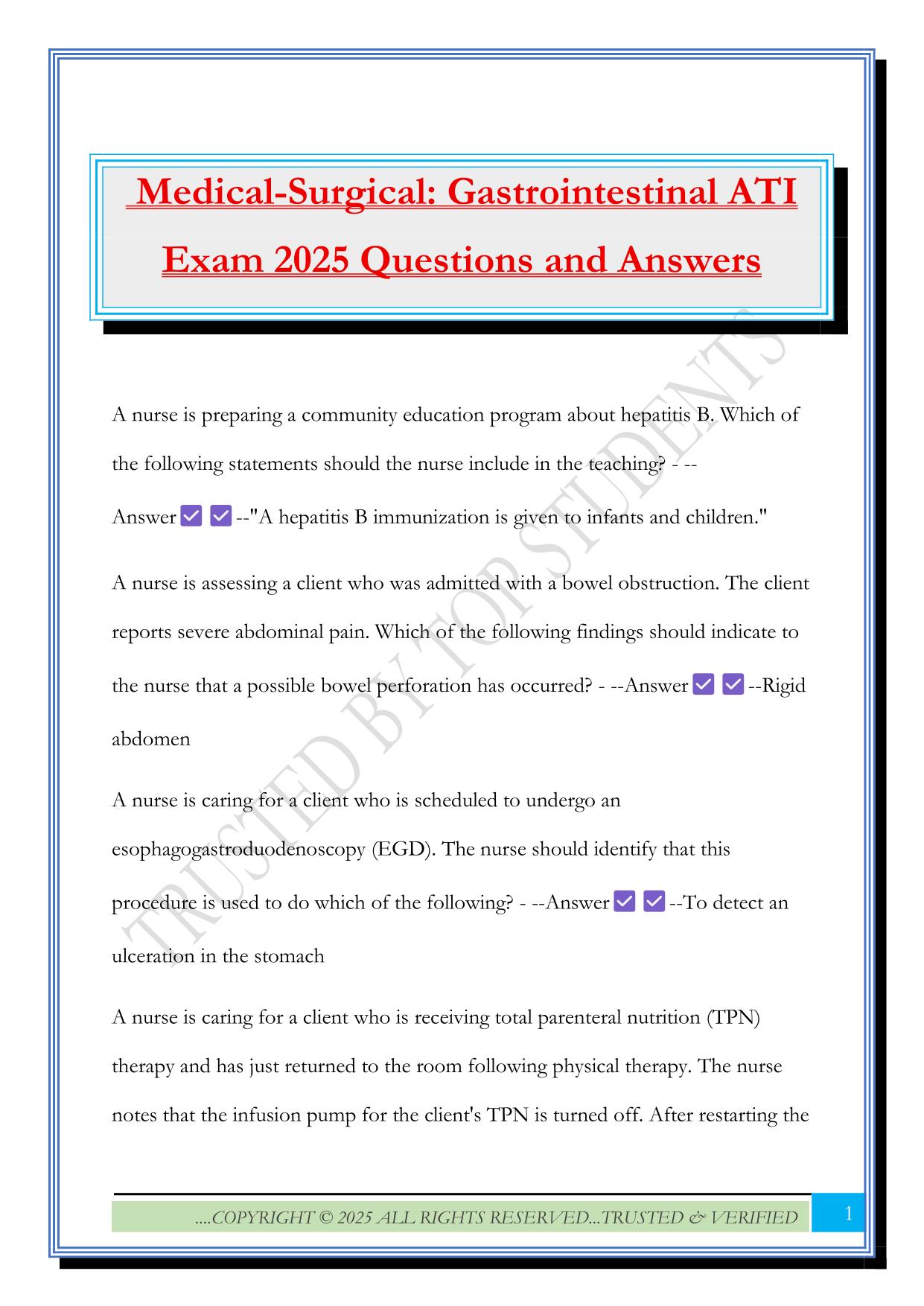 Medical-Surgical: Gastrointestinal ATI Exam 2025 Questions and Answers