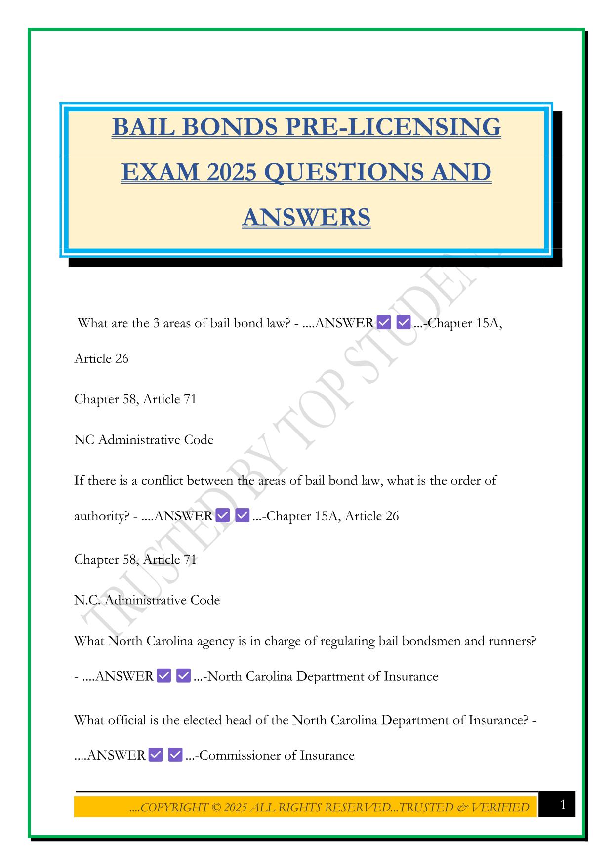 BAIL BONDS PRE-LICENSING EXAM 2025 QUESTIONS AND ANSWERS