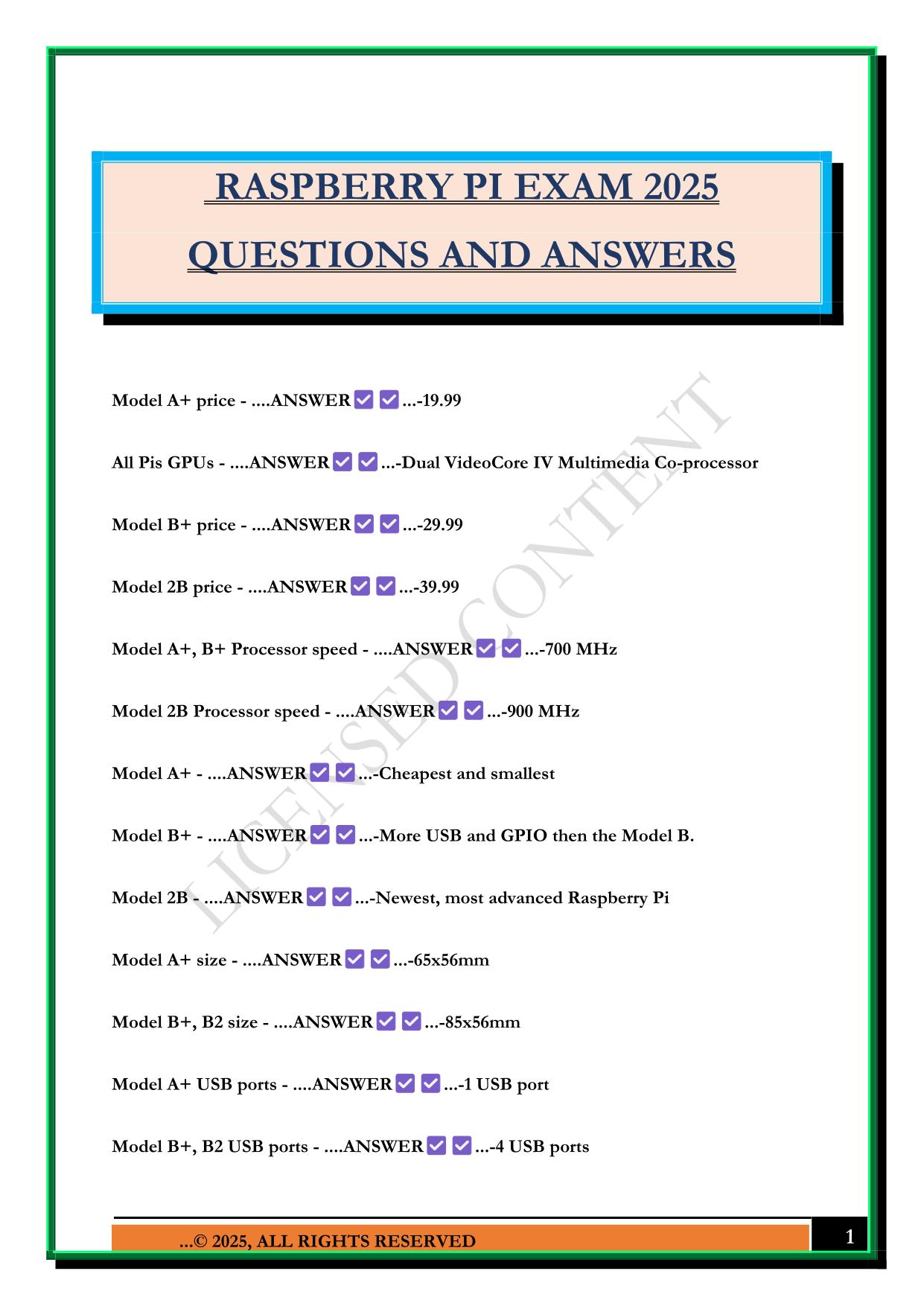 RASPBERRY PI EXAM 2025 QUESTIONS AND ANSWERS