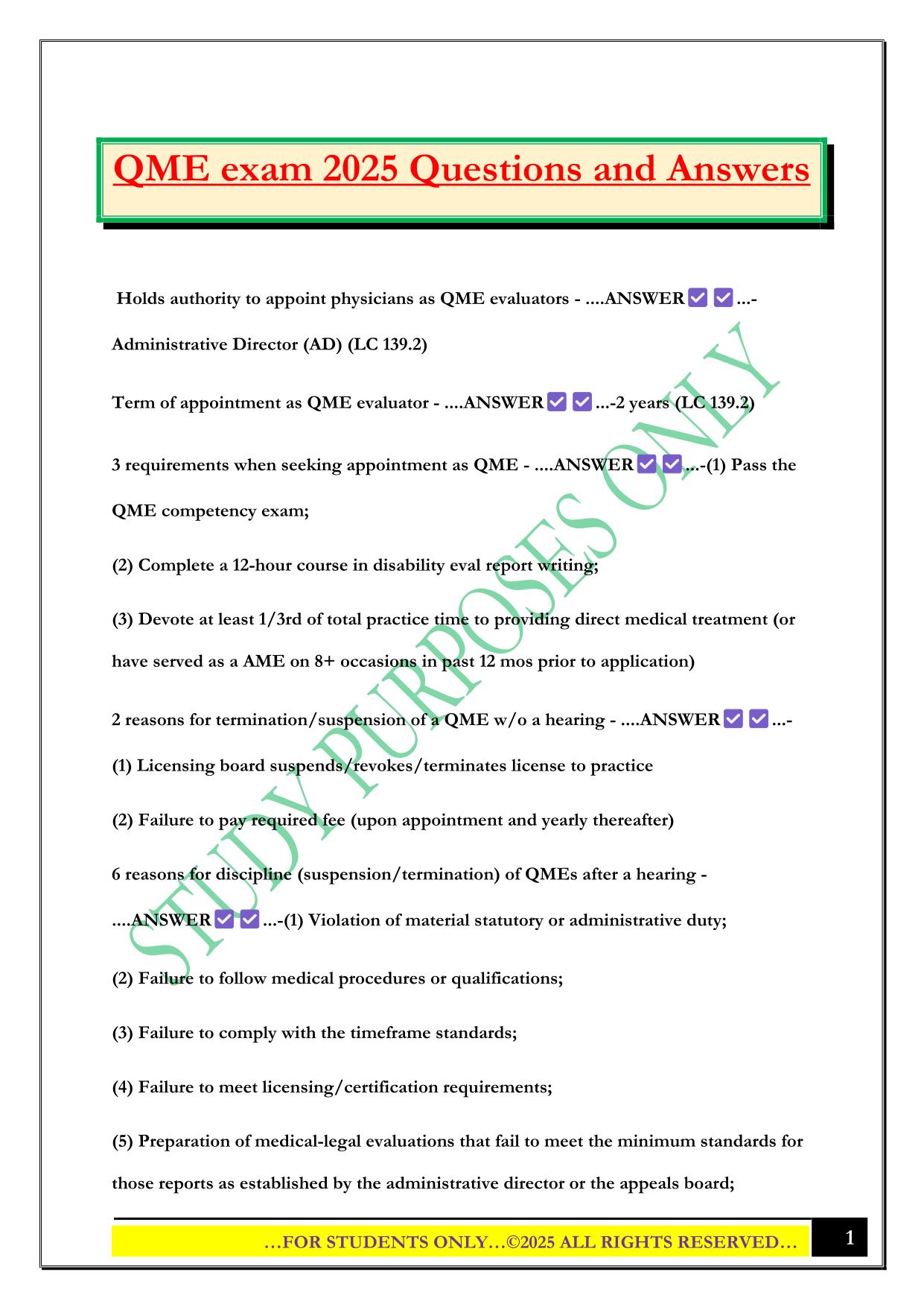 QME exam 2025 Questions and Answers