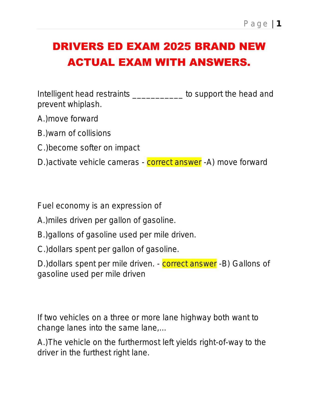 DRIVERS ED EXAM 2025 BRAND NEW ACTUAL EXAM WITH ANSWERS.