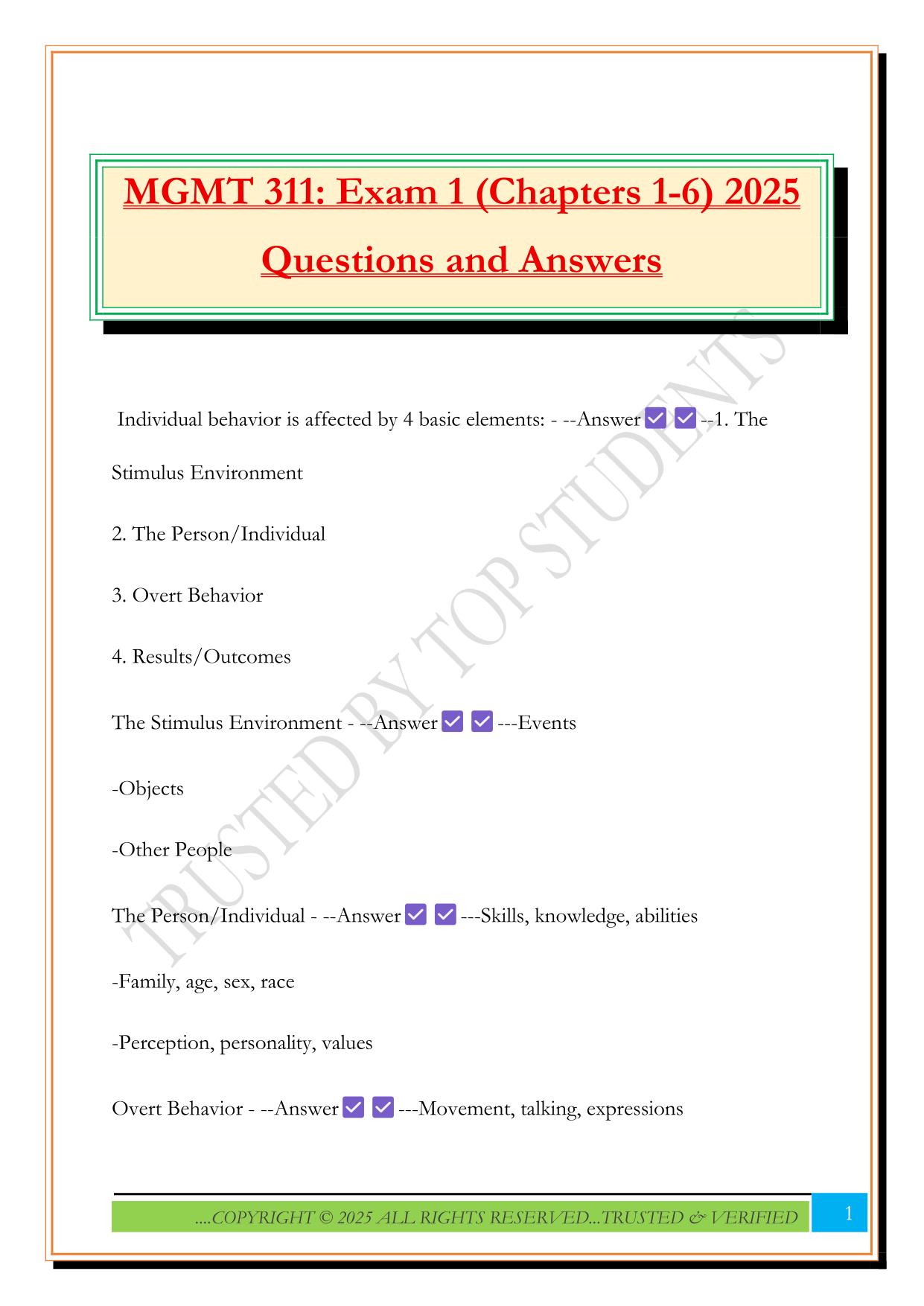 MGMT 311: Exam 1 (Chapters 1-6) 2025 Questions and Answers