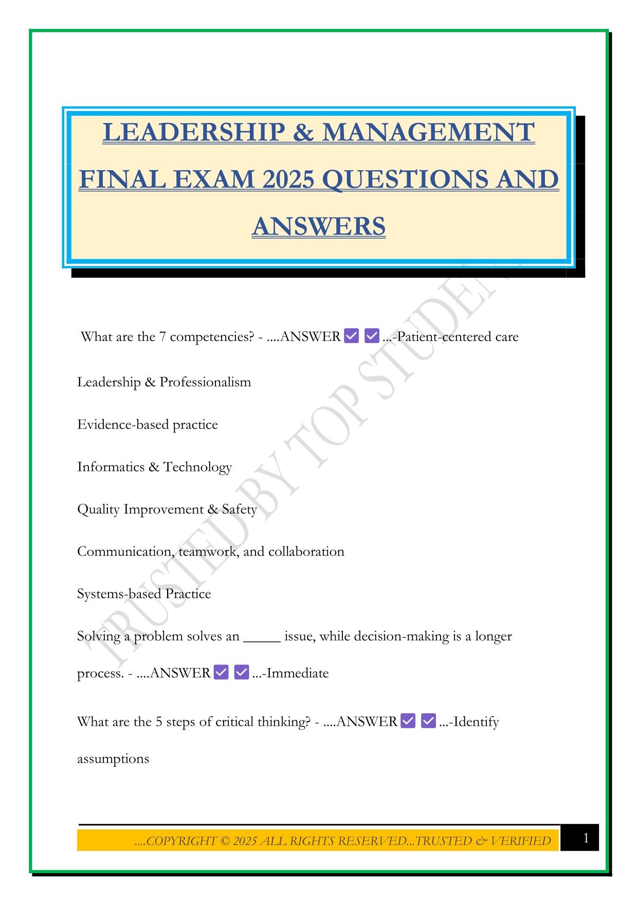 NURSING LEADERSHIP Bundled Exams Questions and Answers 100% Pass|Updated and Verified