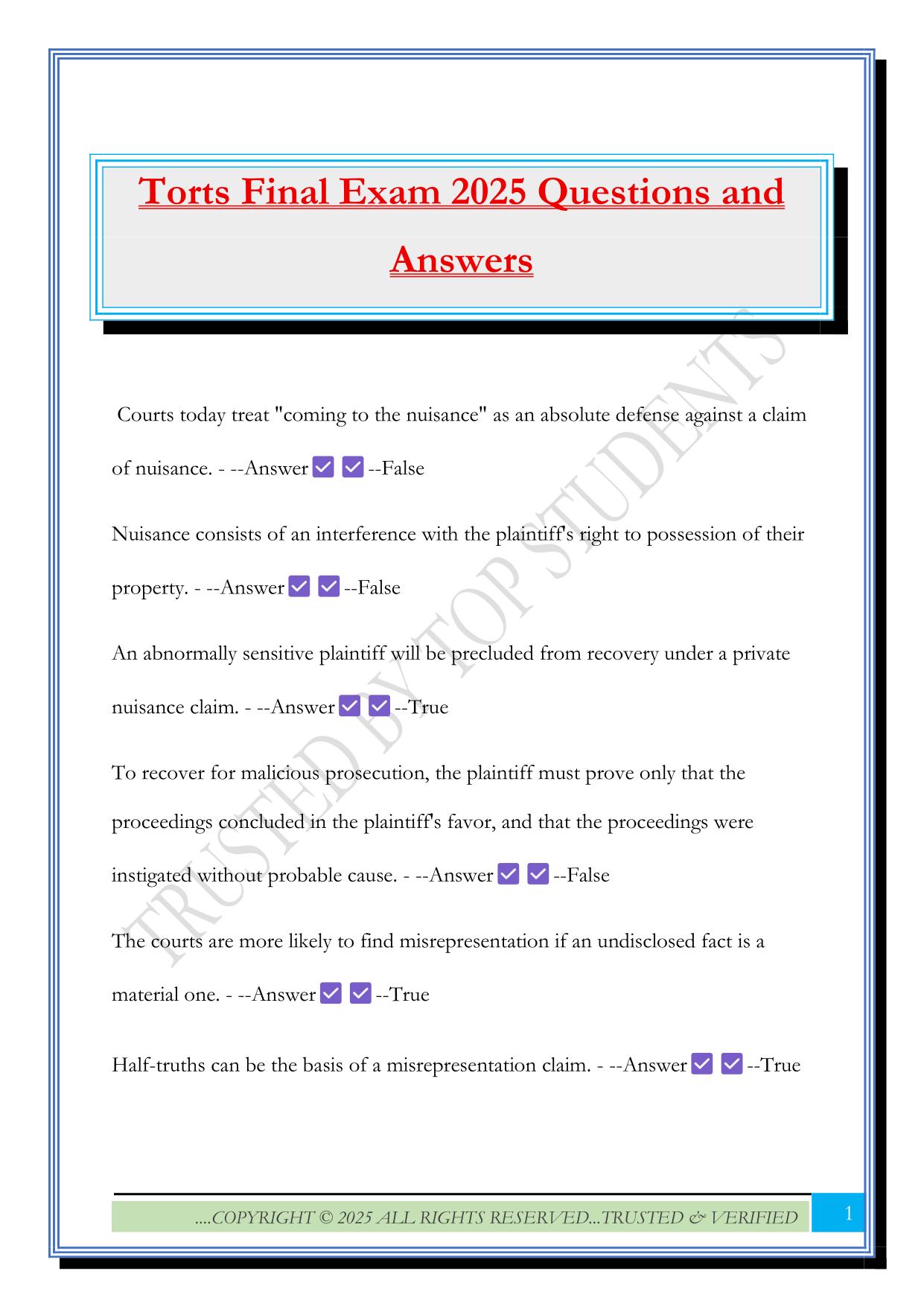 Torts Final Exam 2025 Questions and Answers