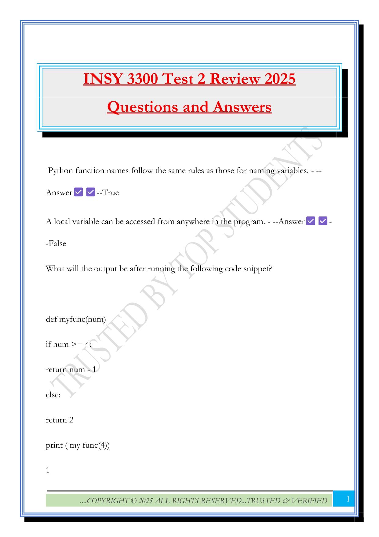 INSY 3300 Test 2 Review 2025 Questions and Answers