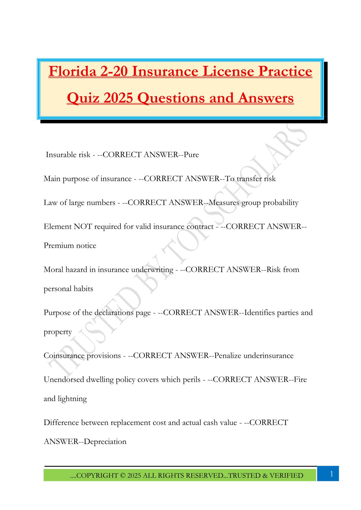 Florida 2-20 Insurance License Practice Quiz 2025 Questions and Answers