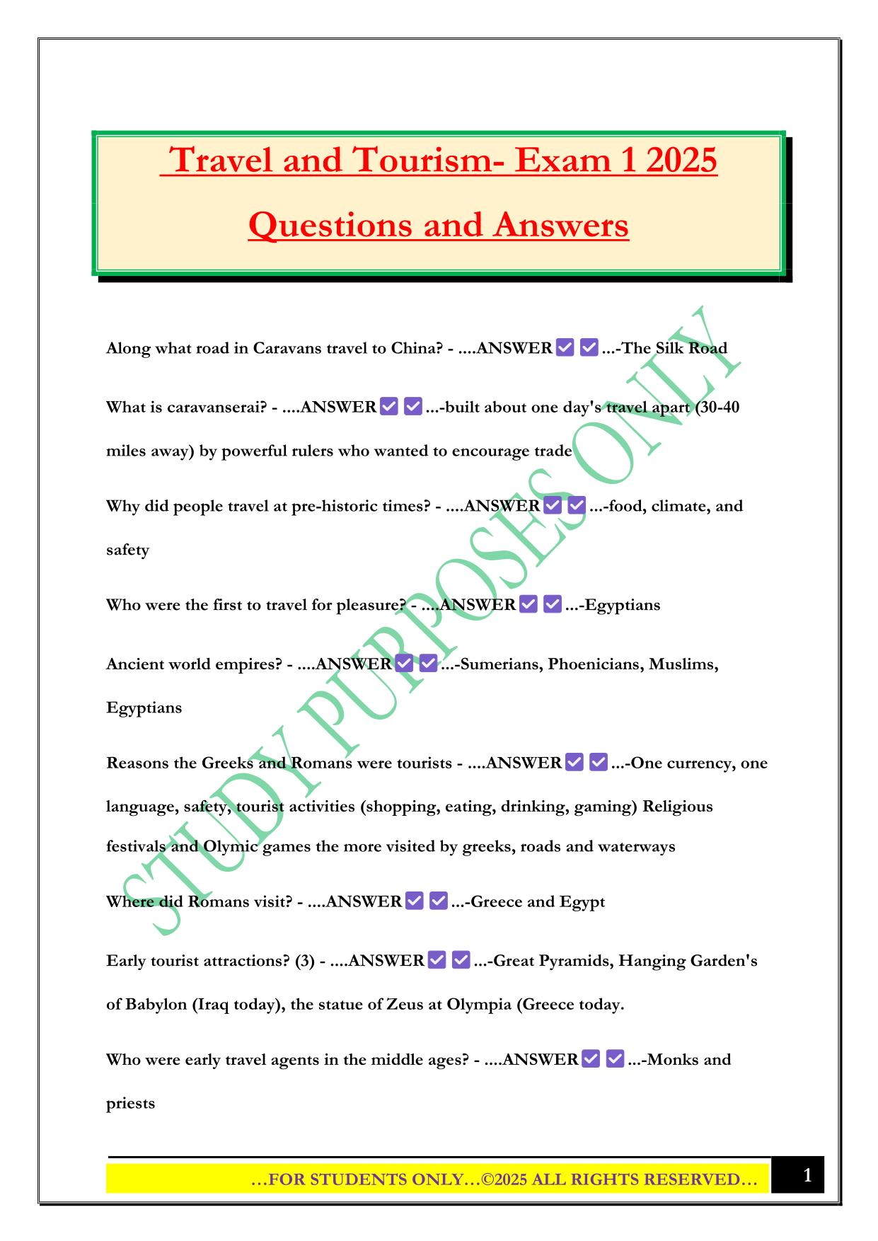 Travel and Tourism- Exam 1 2025 Questions and Answers