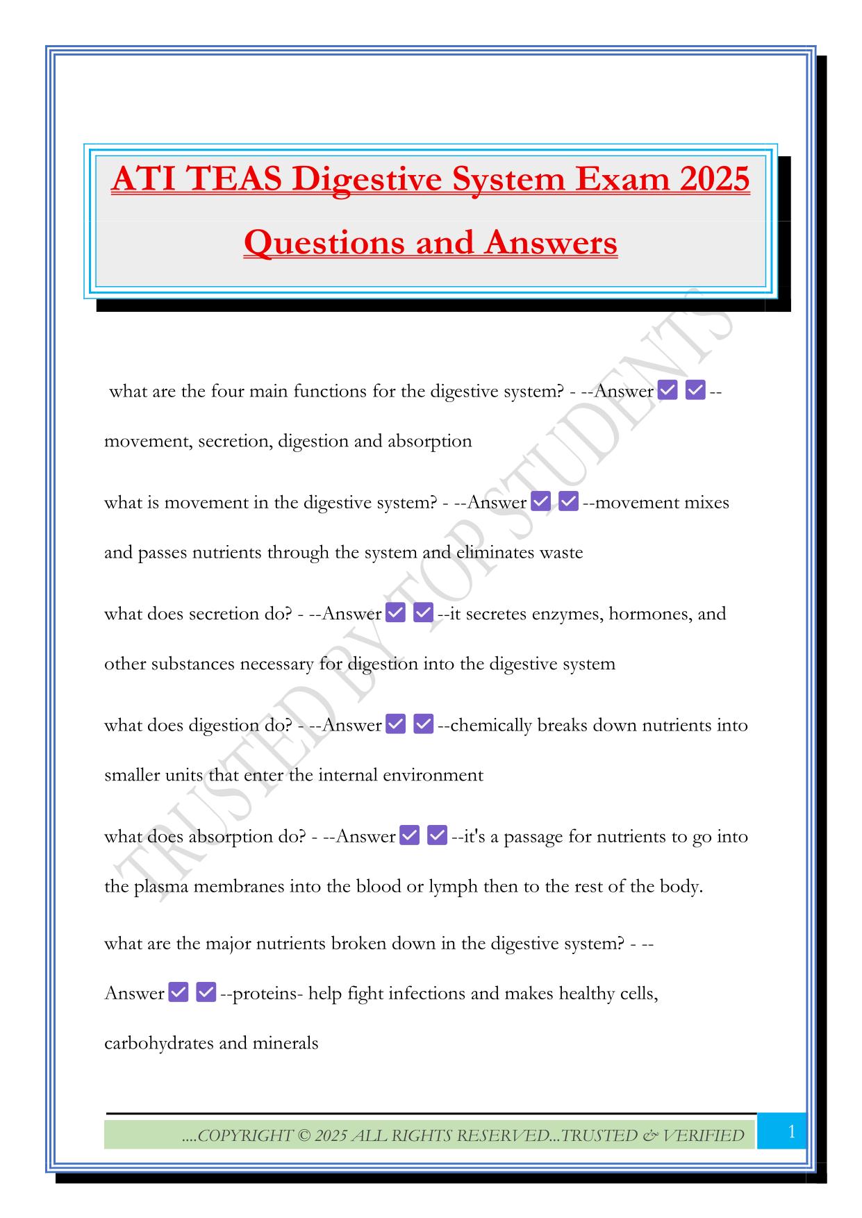 ATI TEAS Digestive System Exam 2025 Questions and Answers