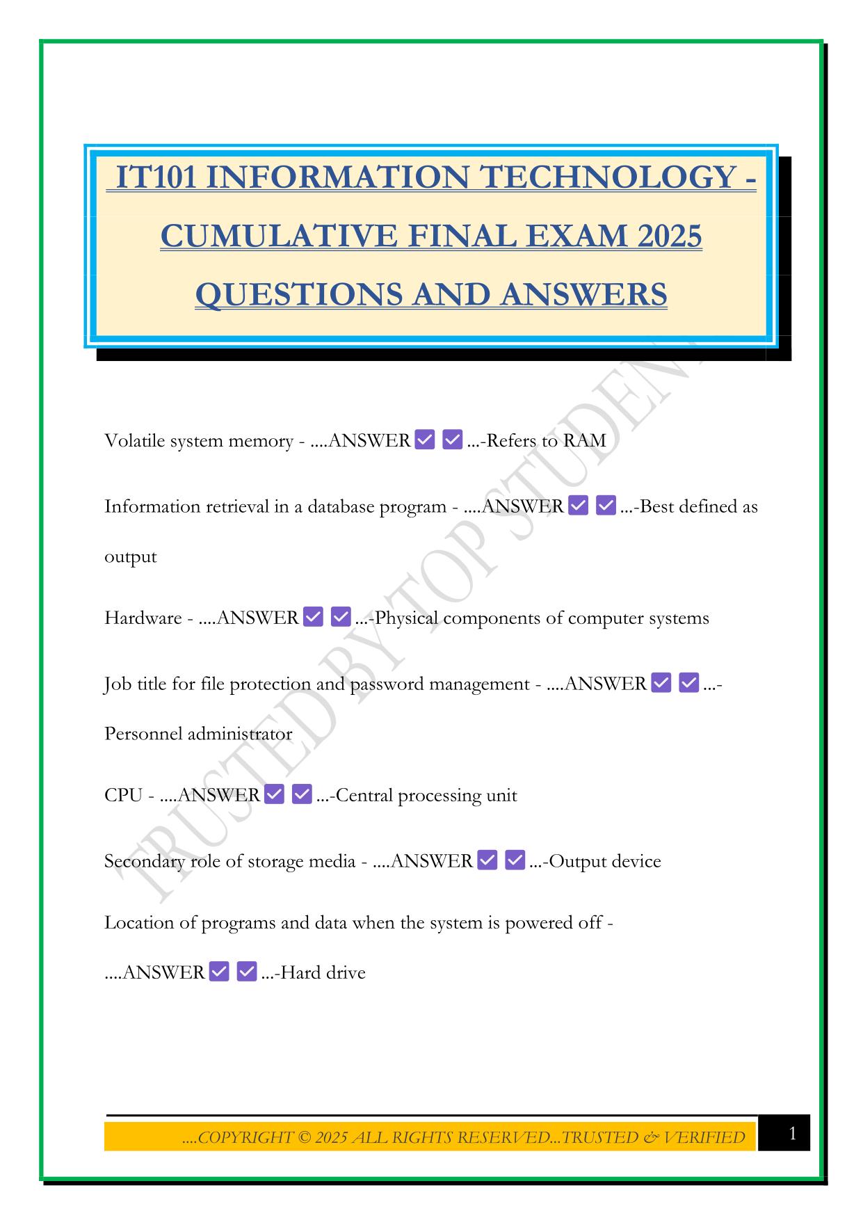 IT101 INFORMATION TECHNOLOGY - CUMULATIVE FINAL EXAM 2025 QUESTIONS AND ANSWERS