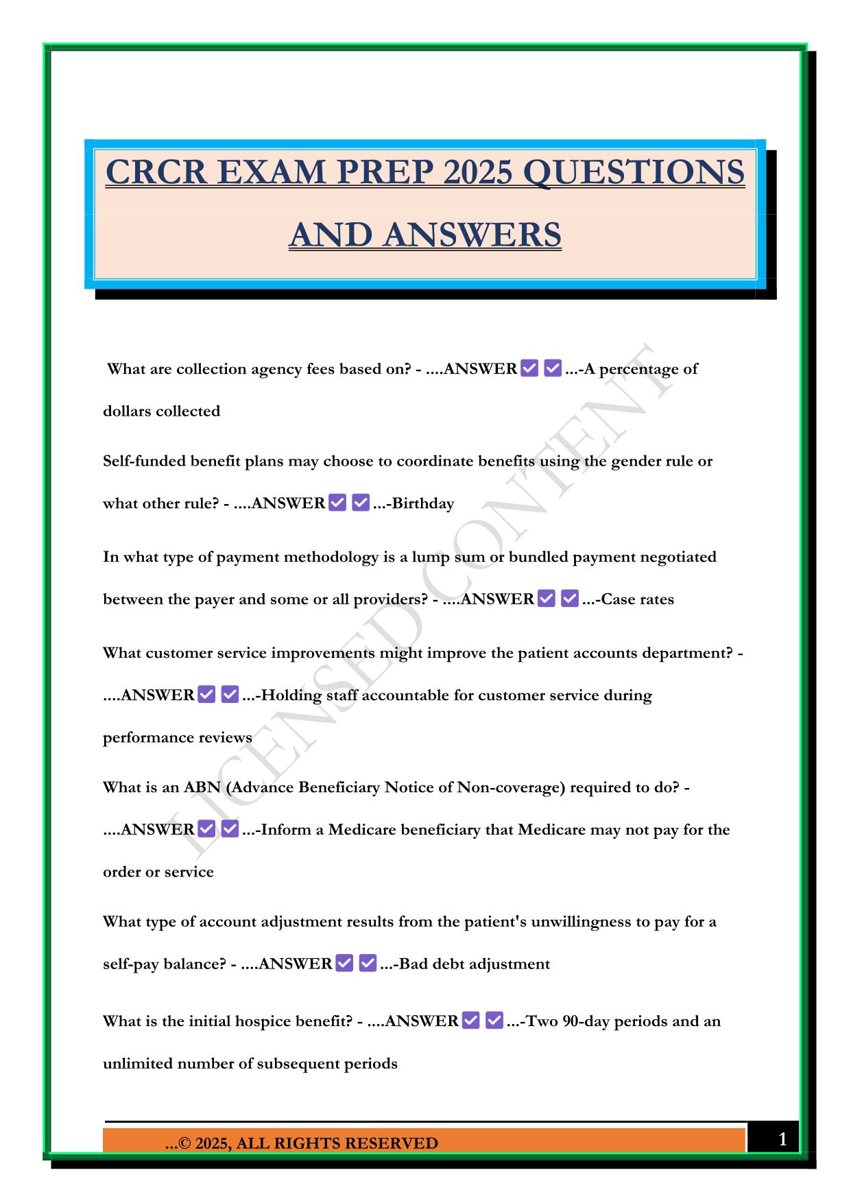 CRCR EXAM PREP 2025 QUESTIONS AND ANSWERS
