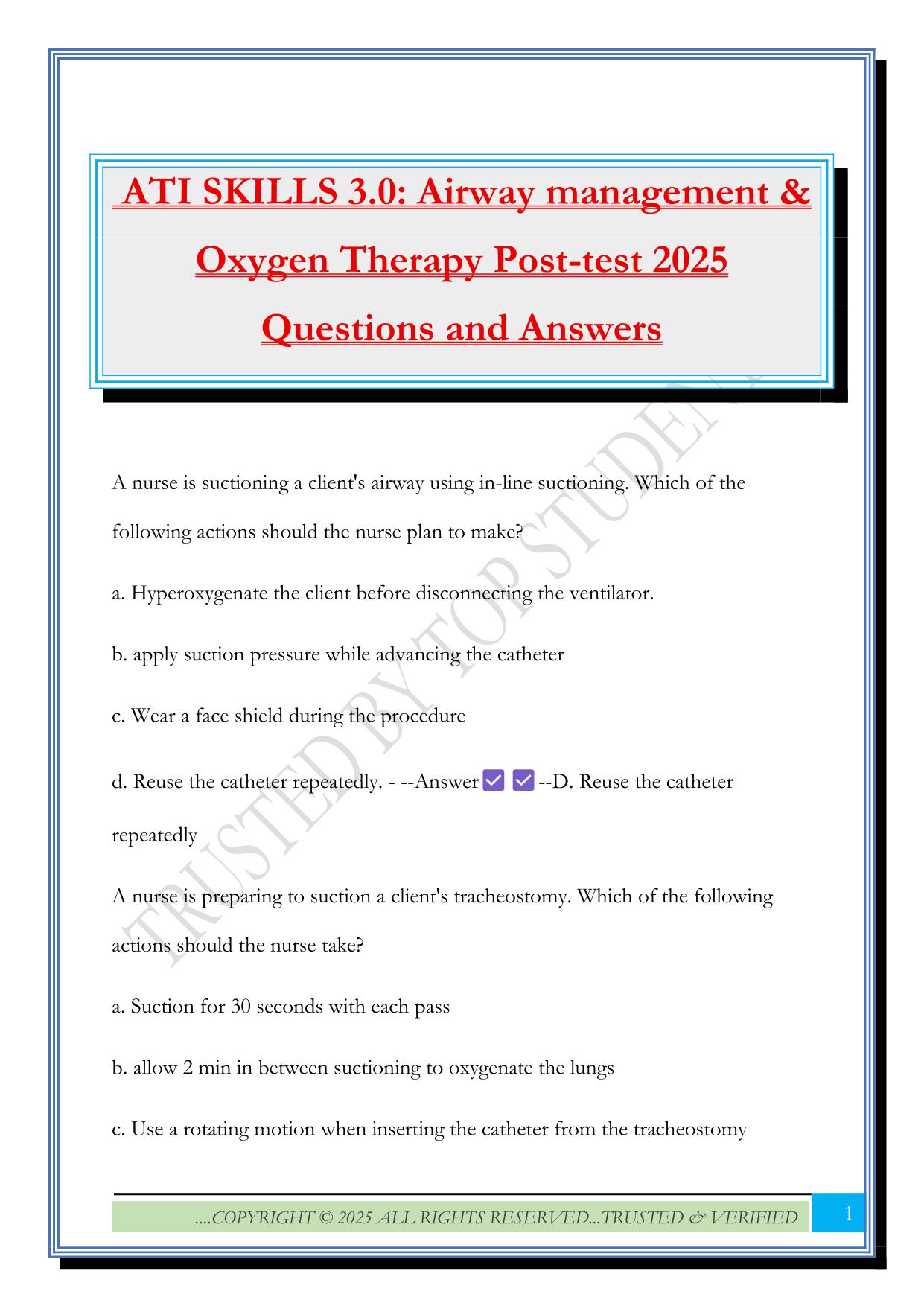 ATI SKILLS 3.0: Airway management & Oxygen Therapy Post-test 2025 Questions and Answers