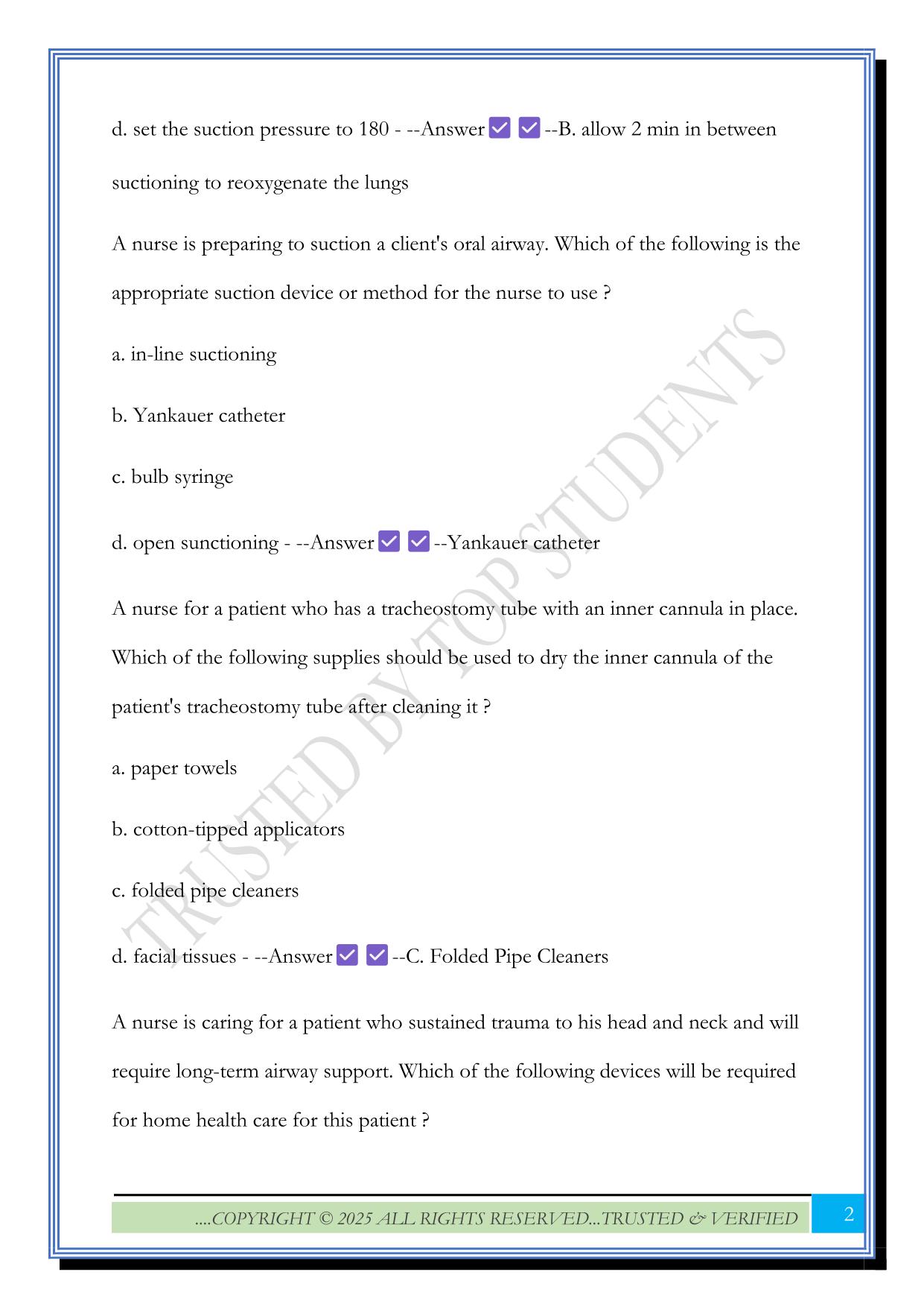 ATI SKILLS 3.0: Airway management & Oxygen Therapy Post-test 2025 Questions and Answers