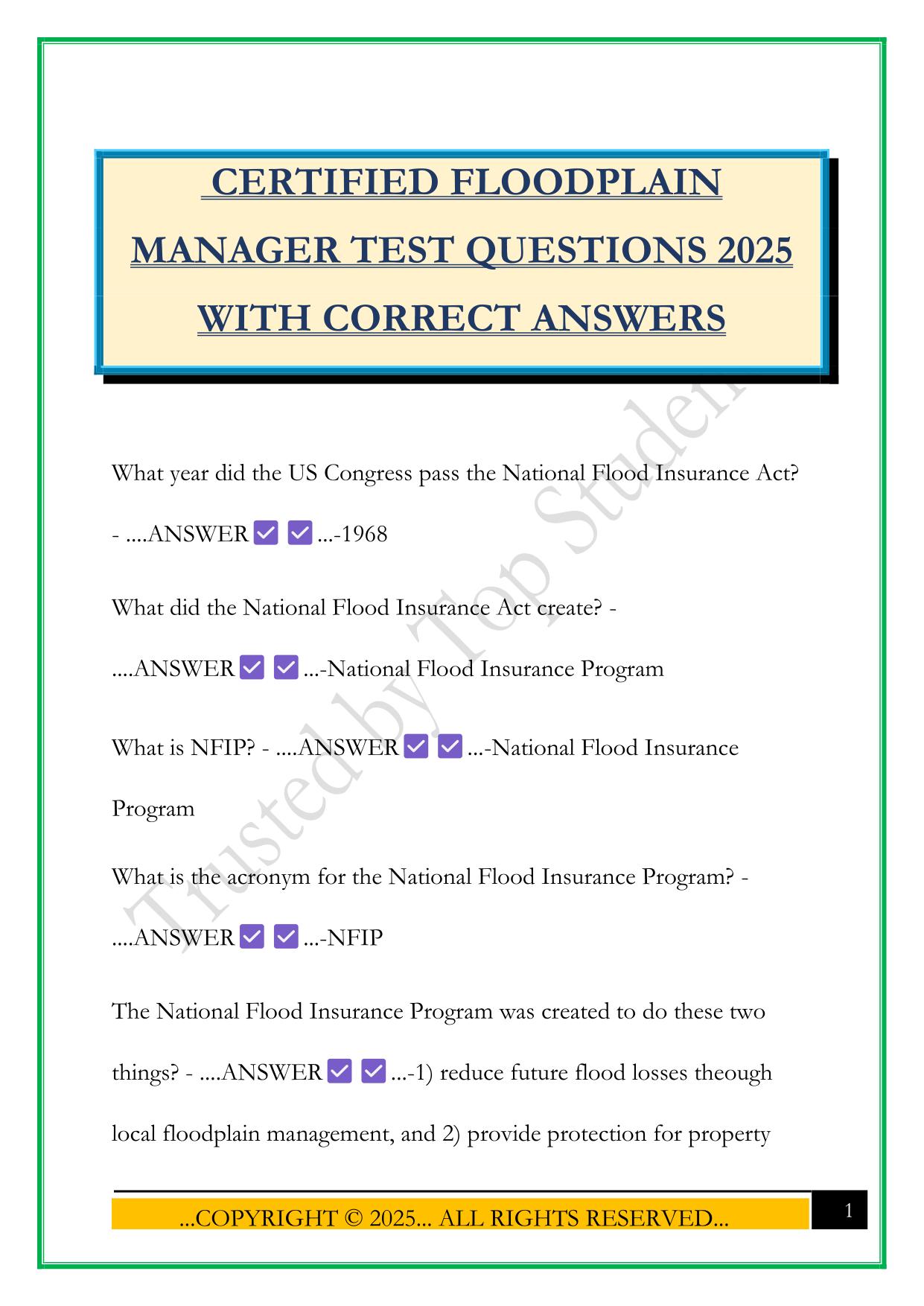 CERTIFIED FLOODPLAIN MANAGER TEST QUESTIONS 2025 WITH CORRECT ANSWERS