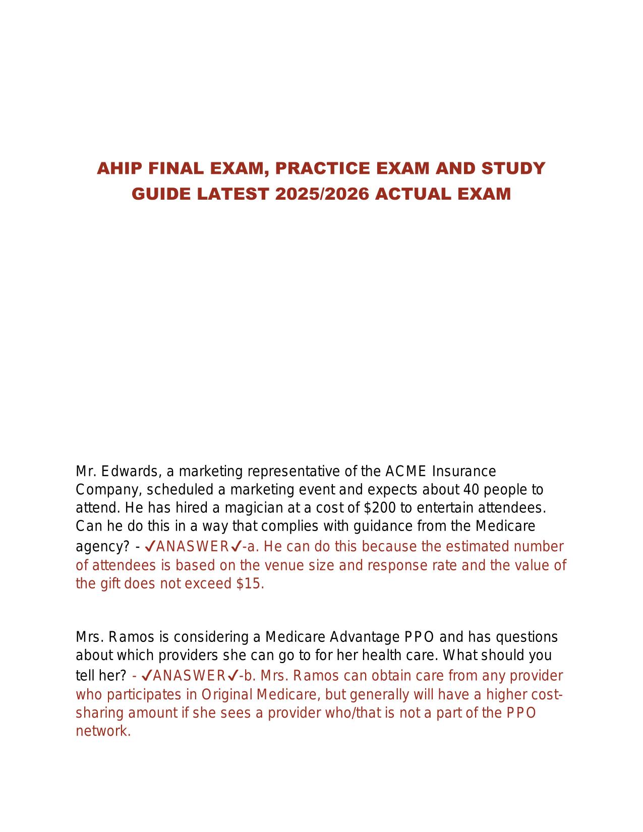 AHIP FINAL EXAM, PRACTICE EXAM AND STUDY GUIDE LATEST 2025/2026 ACTUAL EXAM