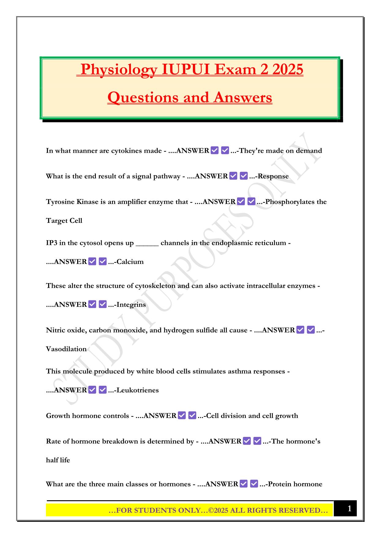 Physiology IUPUI Exam 2 2025 Questions and Answers