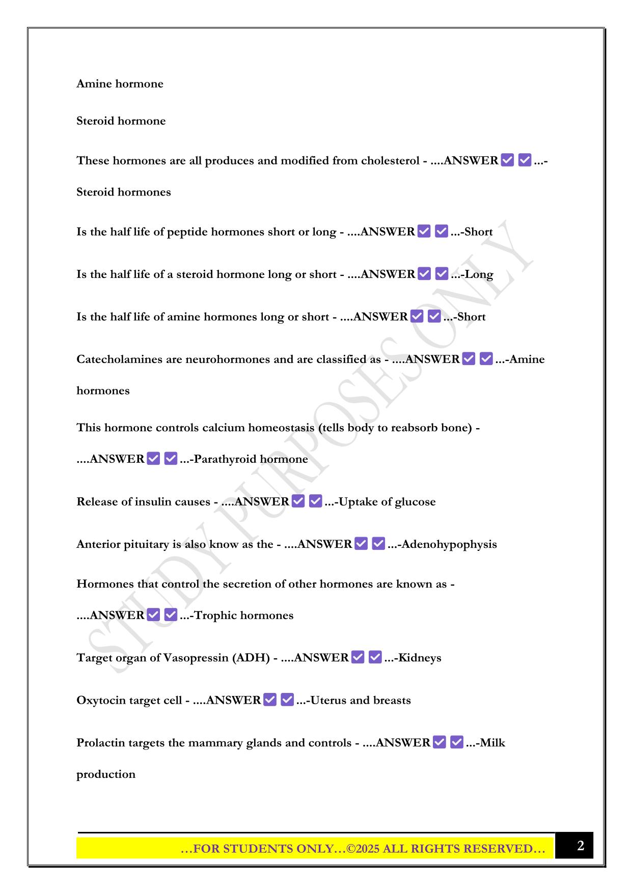 Physiology IUPUI Exam 2 2025 Questions and Answers
