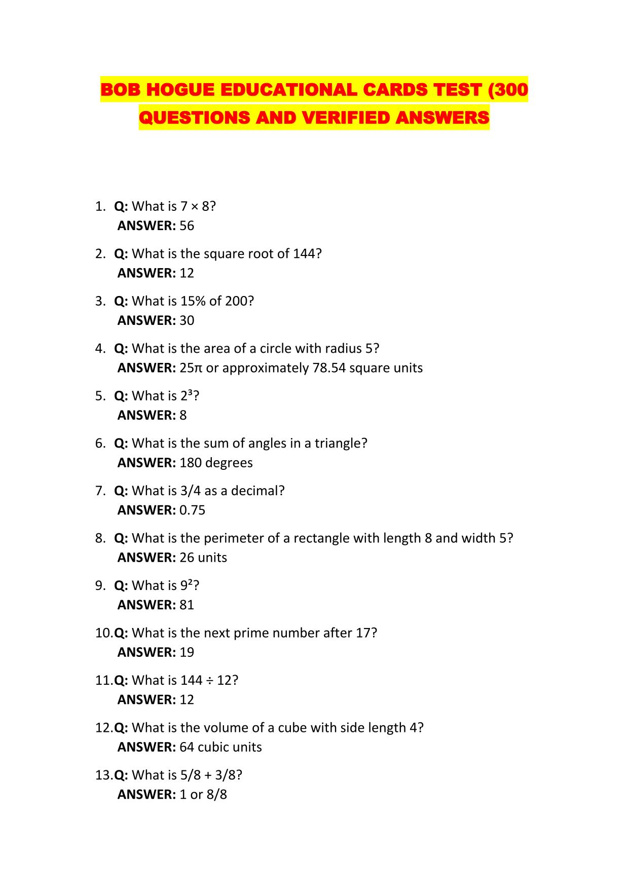 BOB HOGUE EDUCATIONAL CARDS TEST (300 QUESTIONS AND VERIFIED ANSWERS