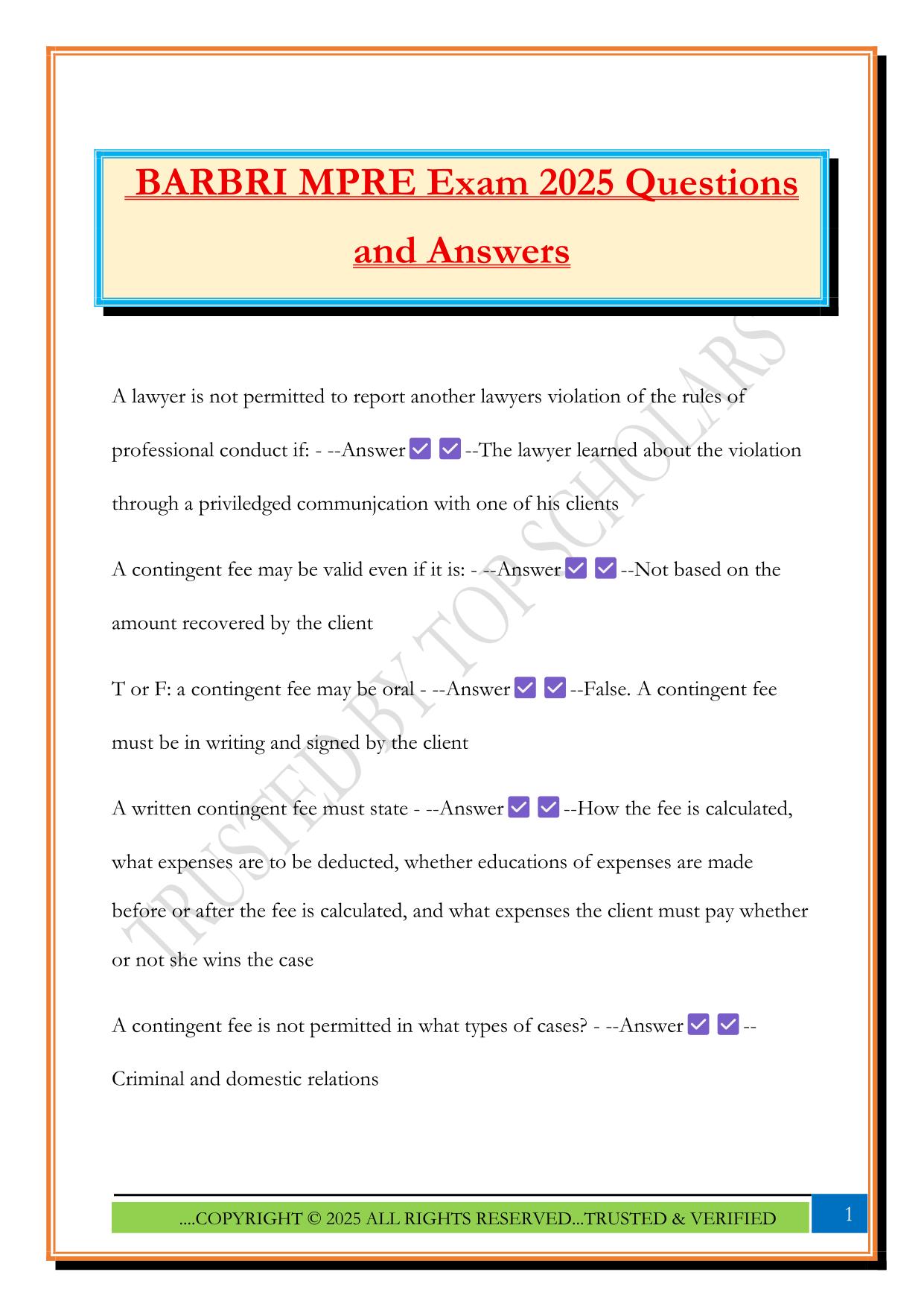 BARBRI MPRE Exam 2025 Questions and Answers