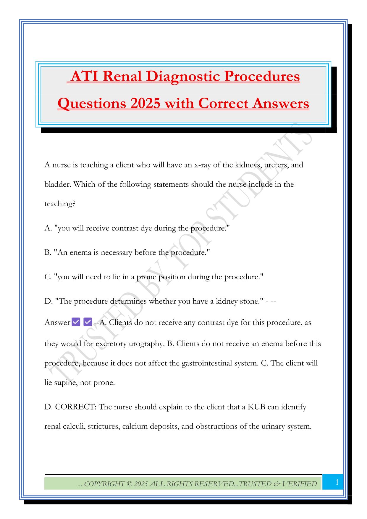 ATI Renal Diagnostic Procedures Questions 2025 with Correct Answers