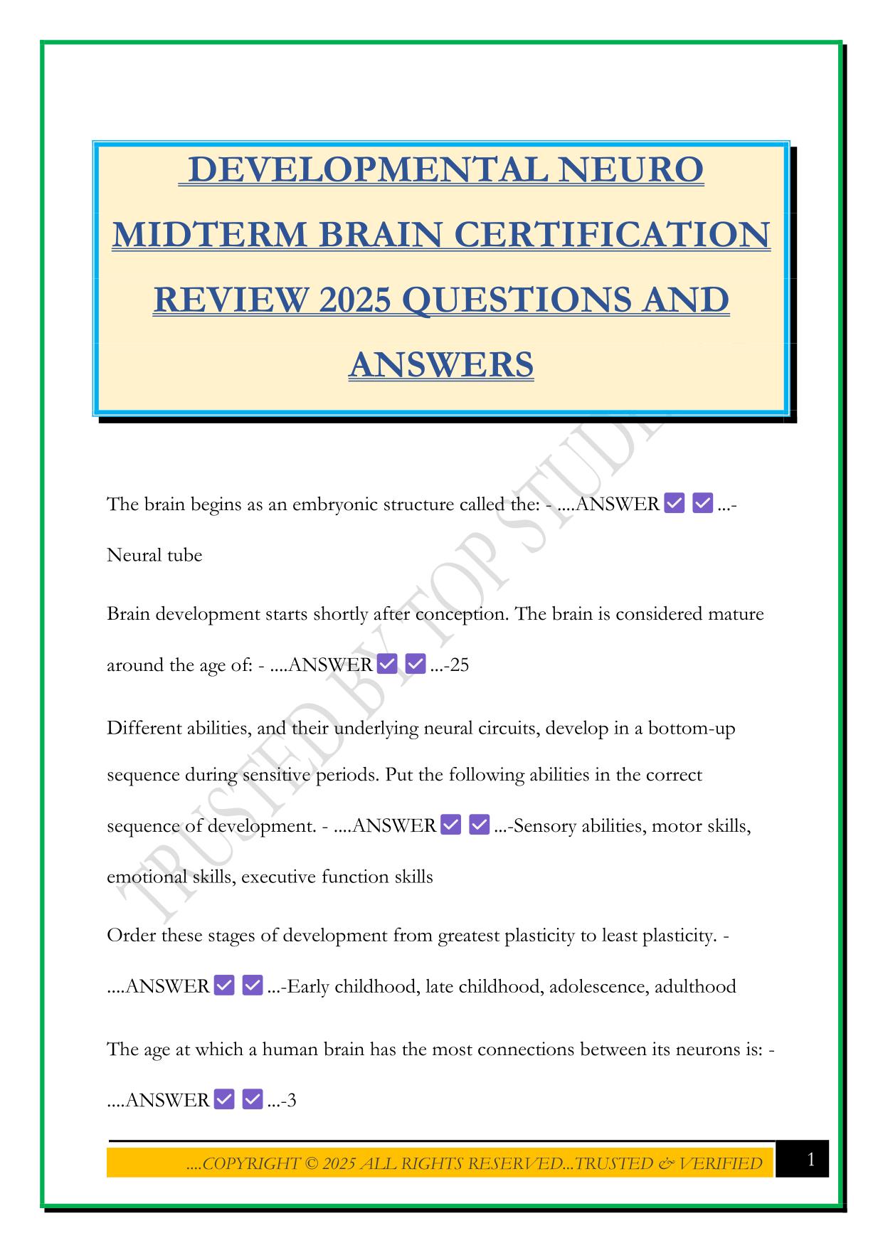DEVELOPMENTAL NEURO MIDTERM BRAIN CERTIFICATION REVIEW 2025 QUESTIONS AND ANSWERS