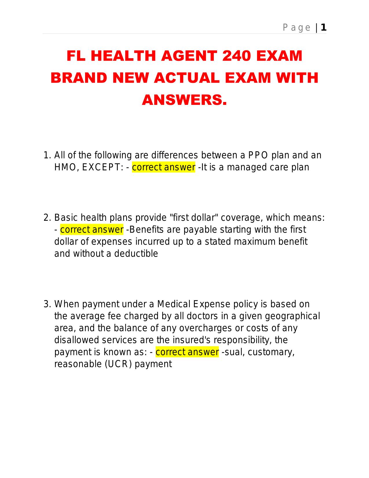 FL HEALTH AGENT 240 EXAM BRAND NEW ACTUAL EXAM WITH ANSWERS.