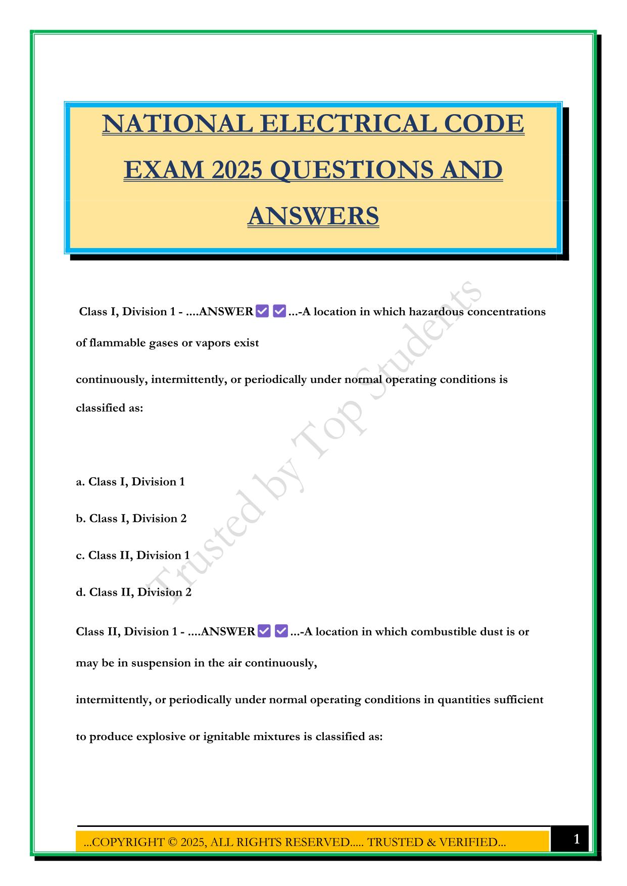 NATIONAL ELECTRICAL CODE EXAM 2025 QUESTIONS AND ANSWERS