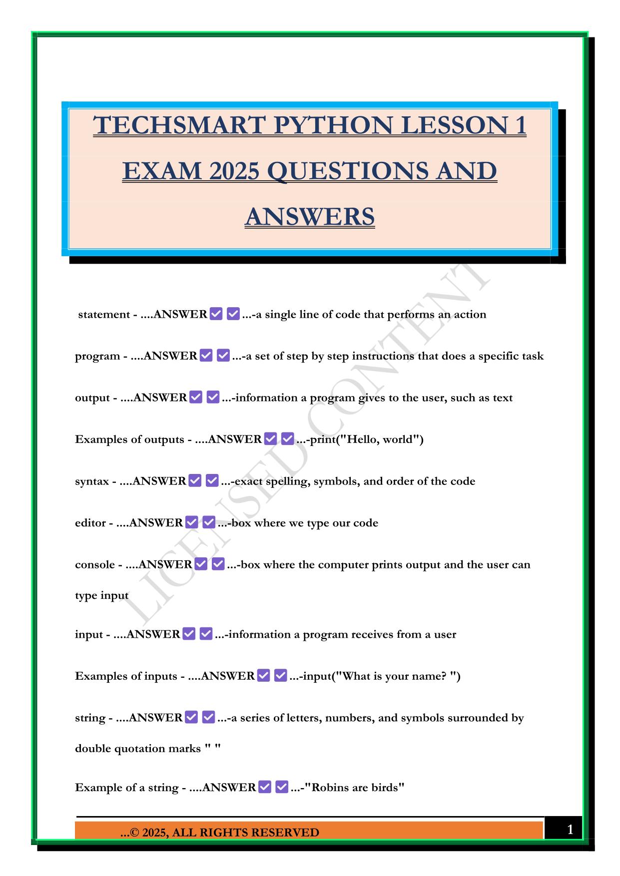 TECHSMART PYTHON LESSON 1 EXAM 2025 QUESTIONS AND ANSWERS