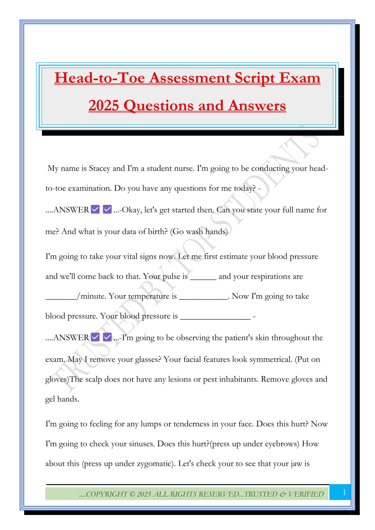 Head-to-Toe Assessment Script Exam 2025 Questions and Answers