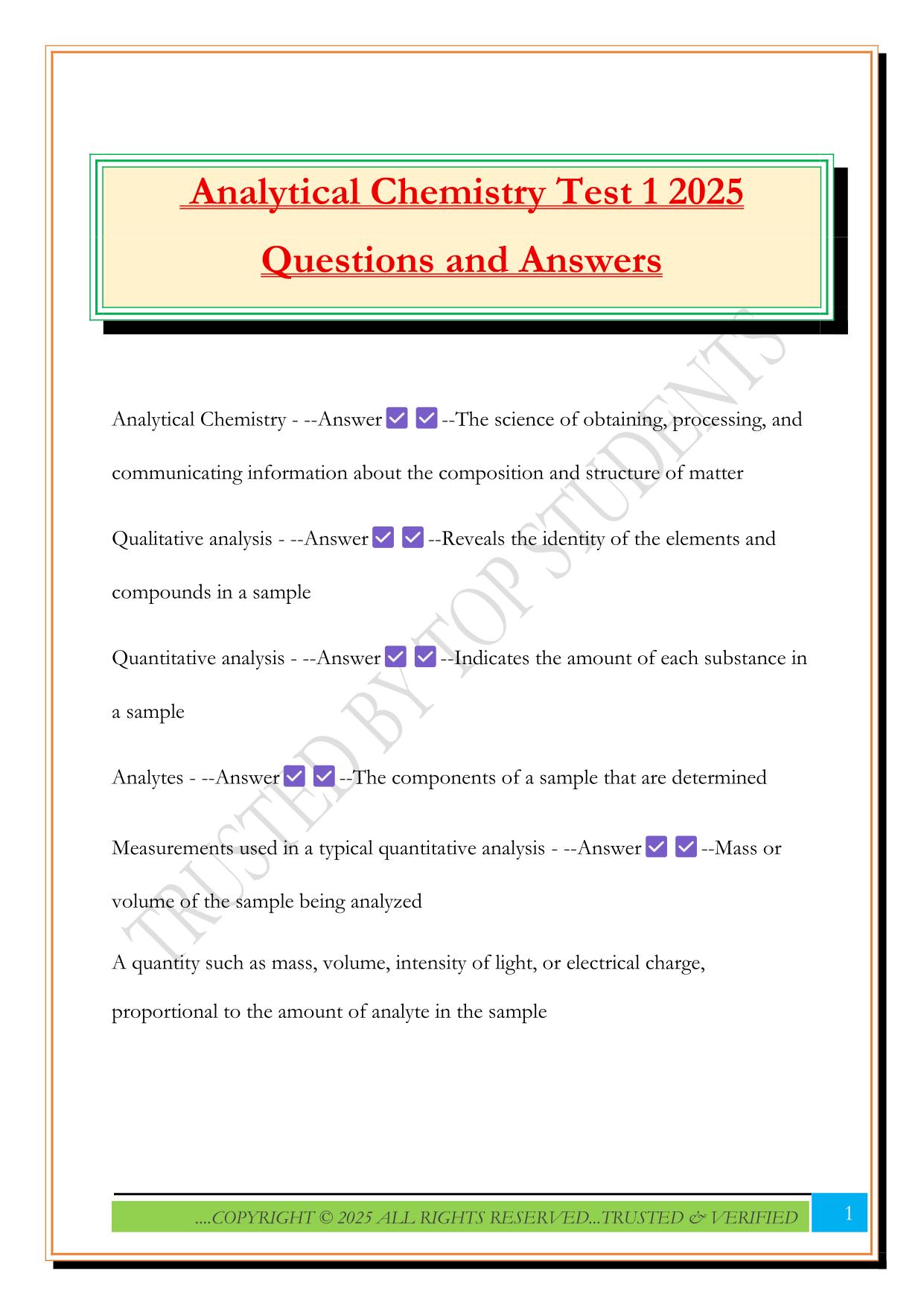 Analytical Chemistry Test 1 2025 Questions and Answers