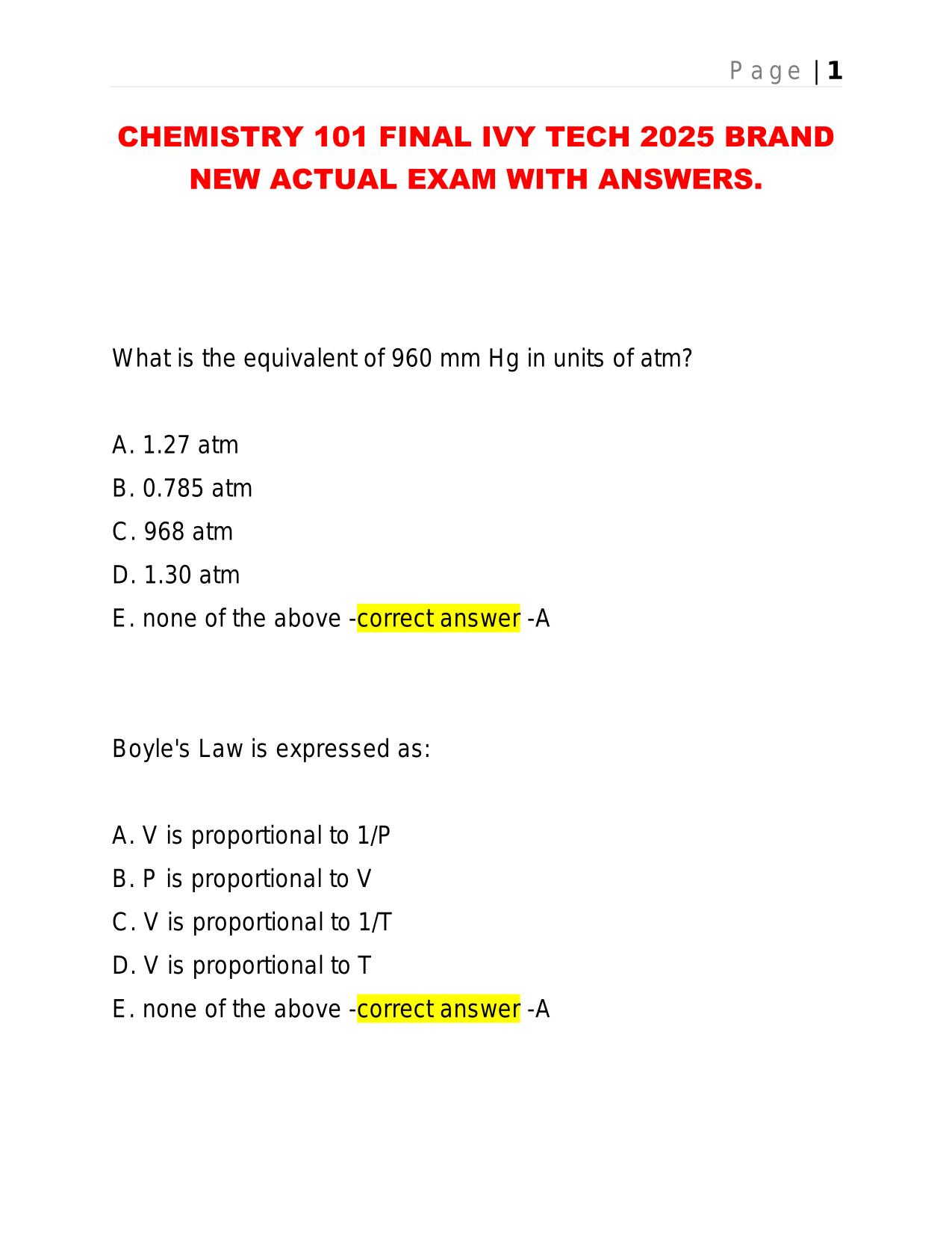 CHEMISTRY 101 FINAL IVY TECH 2025 BRAND NEW ACTUAL EXAM WITH ANSWERS.