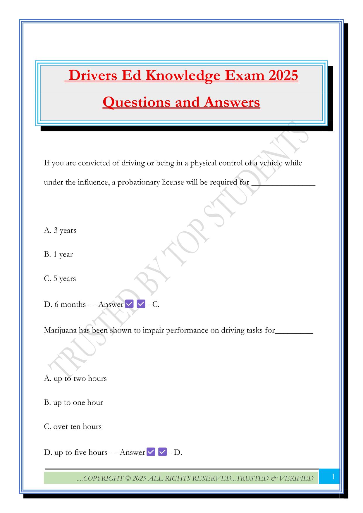 Drivers Ed Knowledge Exam 2025 Questions and Answers