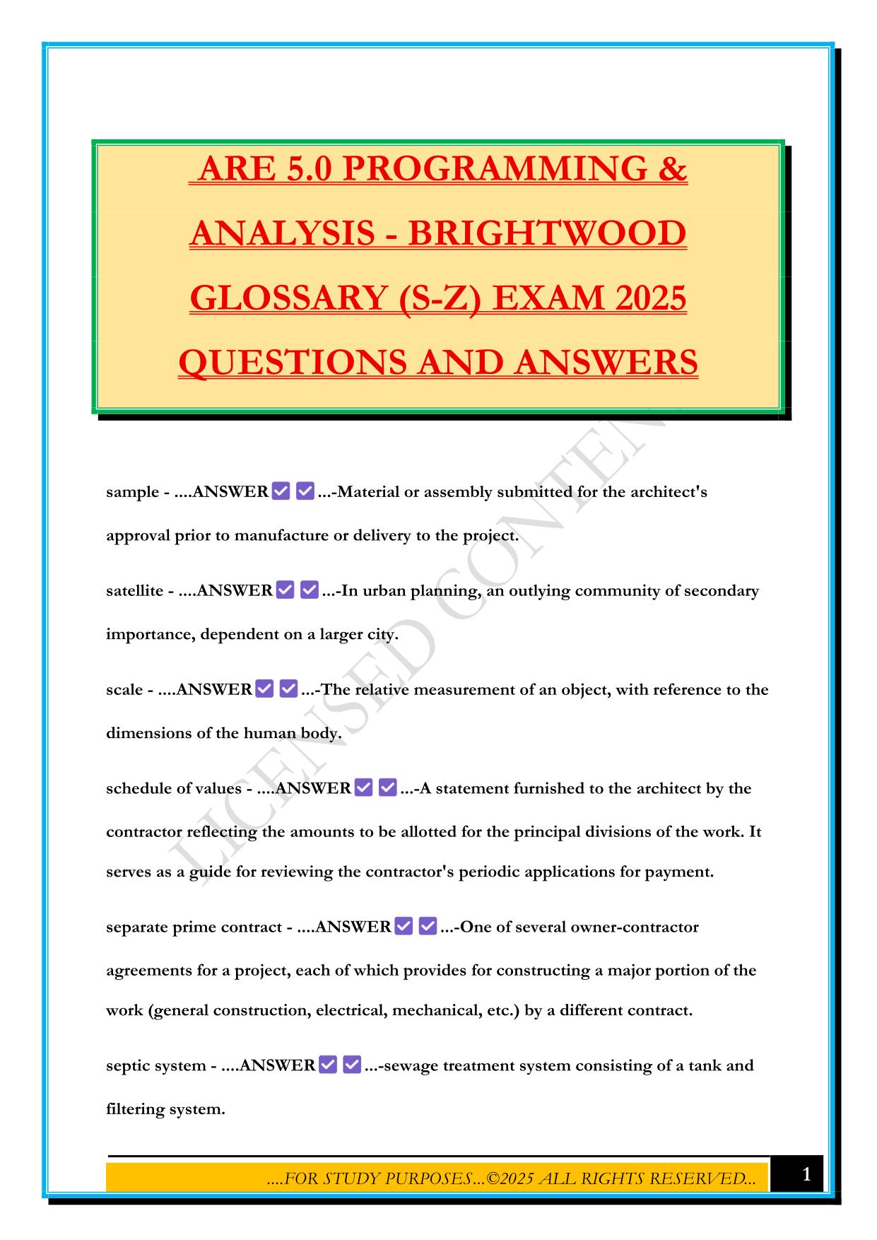 ARE 5.0 PROGRAMMING & ANALYSIS - BRIGHTWOOD GLOSSARY (S-Z) EXAM 2025 QUESTIONS AND ANSWERS