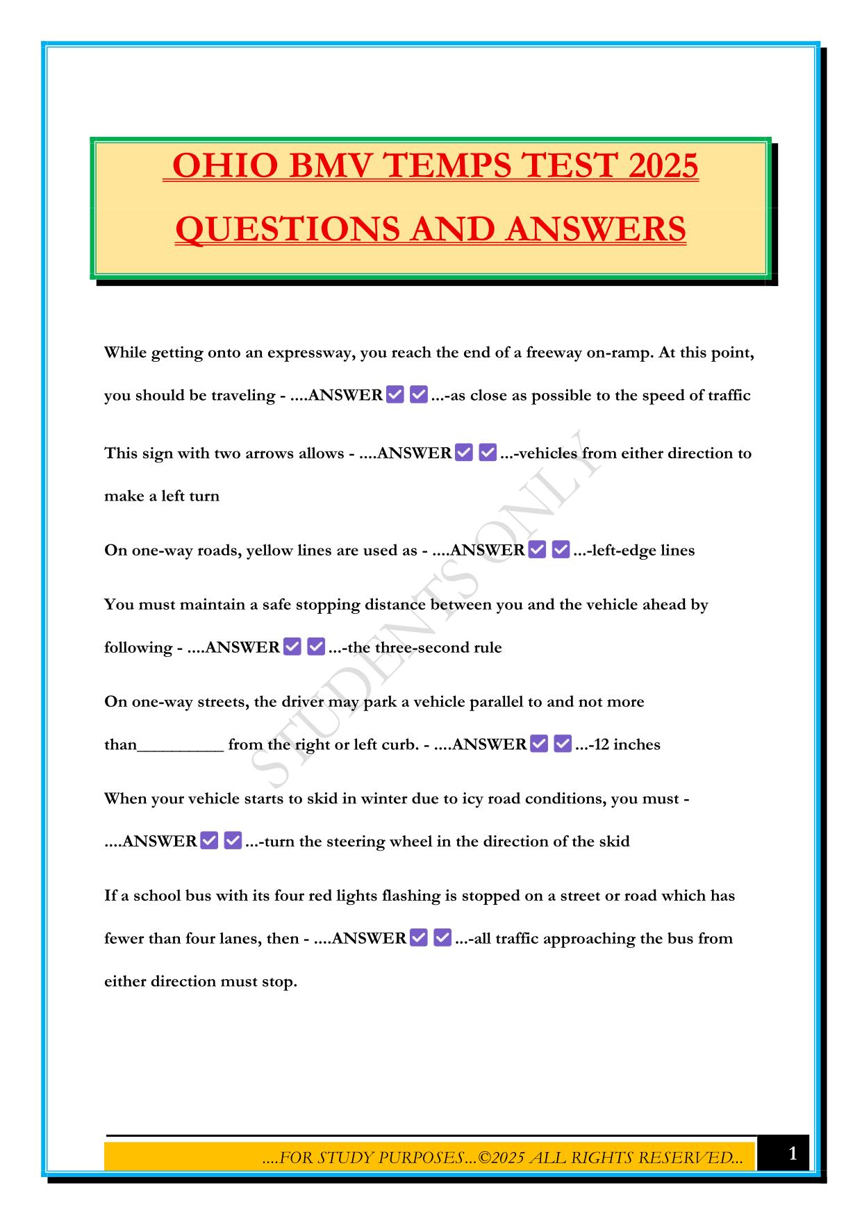 OHIO BMV TEMPS TEST 2025 QUESTIONS AND ANSWERS