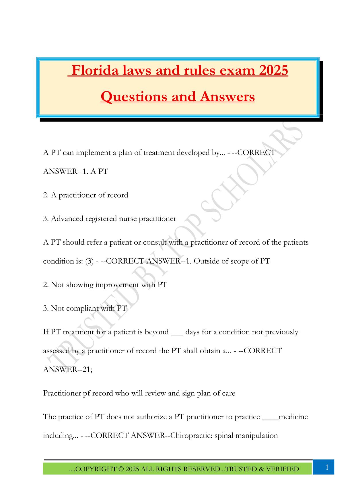Florida laws and rules exam 2025 Questions and Answers