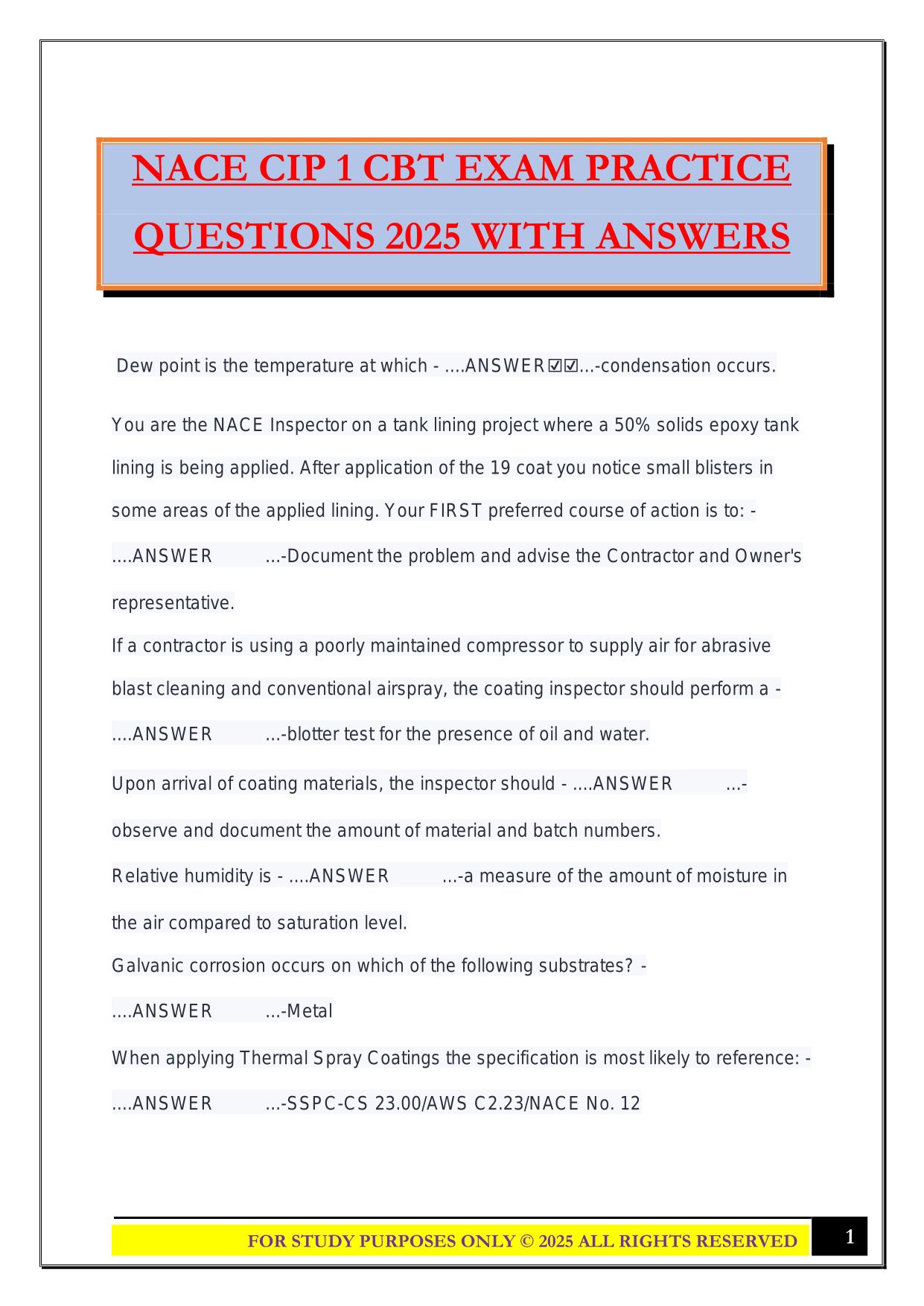 NACE CIP 1 CBT EXAM PRACTICE QUESTIONS 2025 WITH ANSWERS