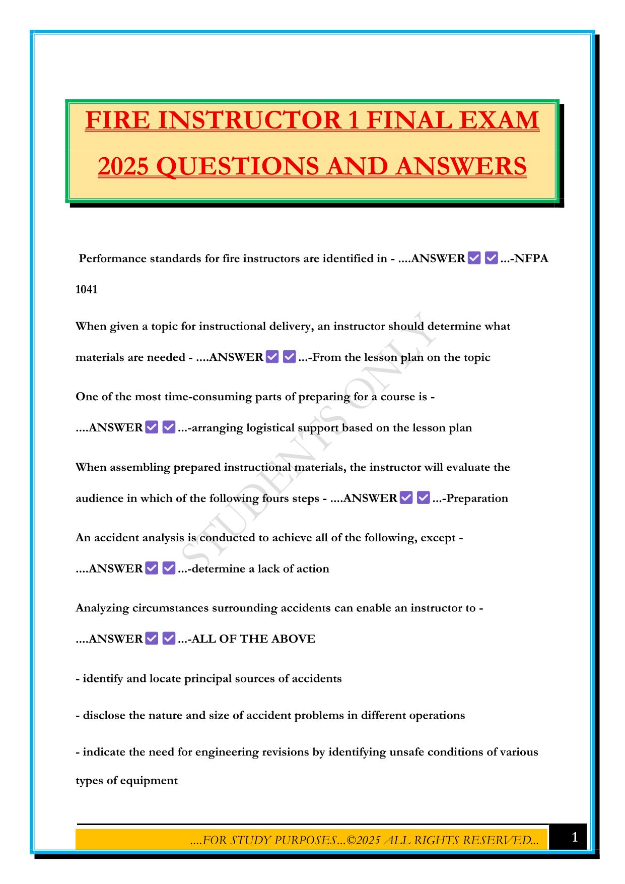 FIRE INSTRUCTOR 1 FINAL EXAM 2025 QUESTIONS AND ANSWERS