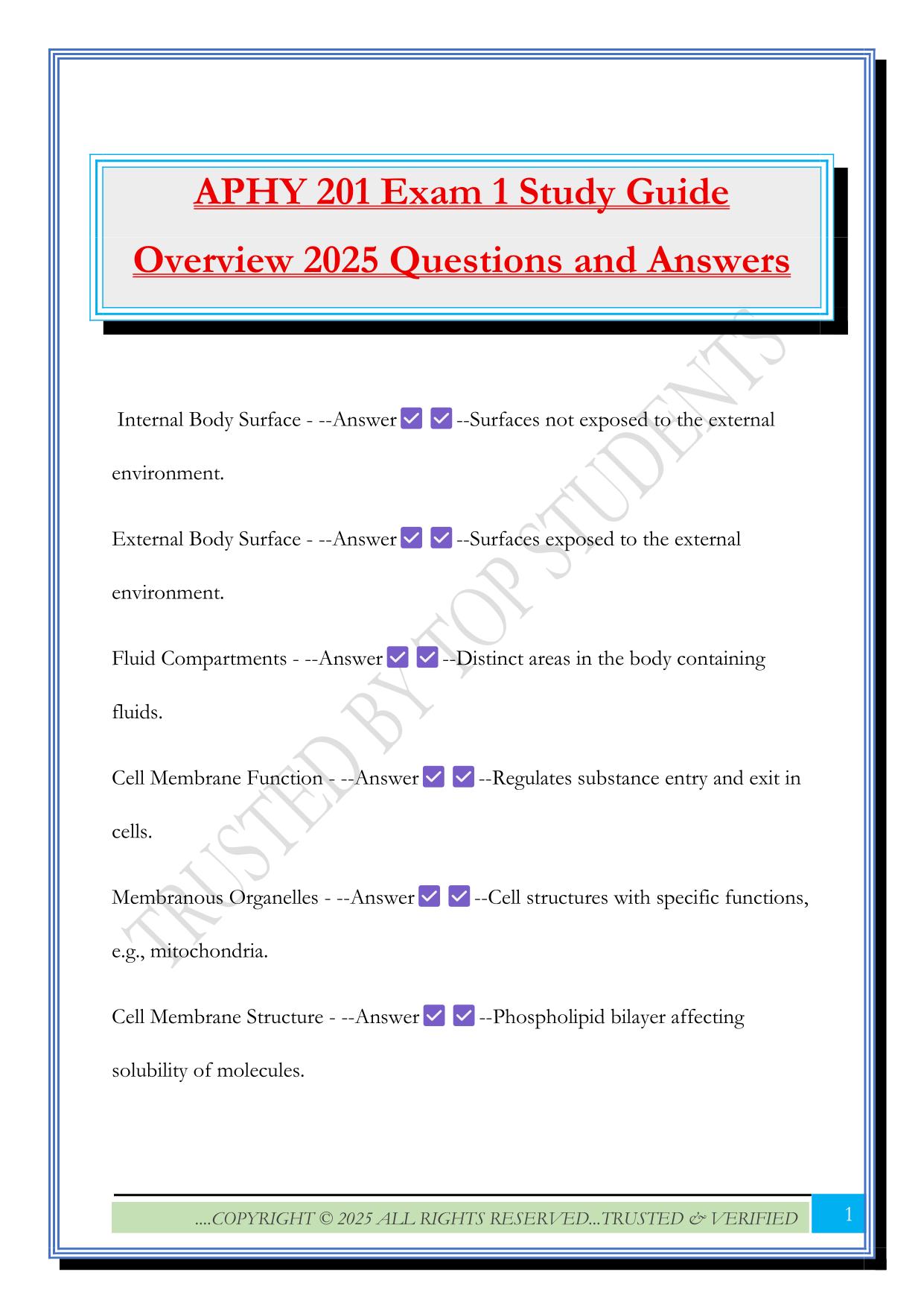APHY 201 Exam 1 Study Guide Overview 2025 Questions and Answers