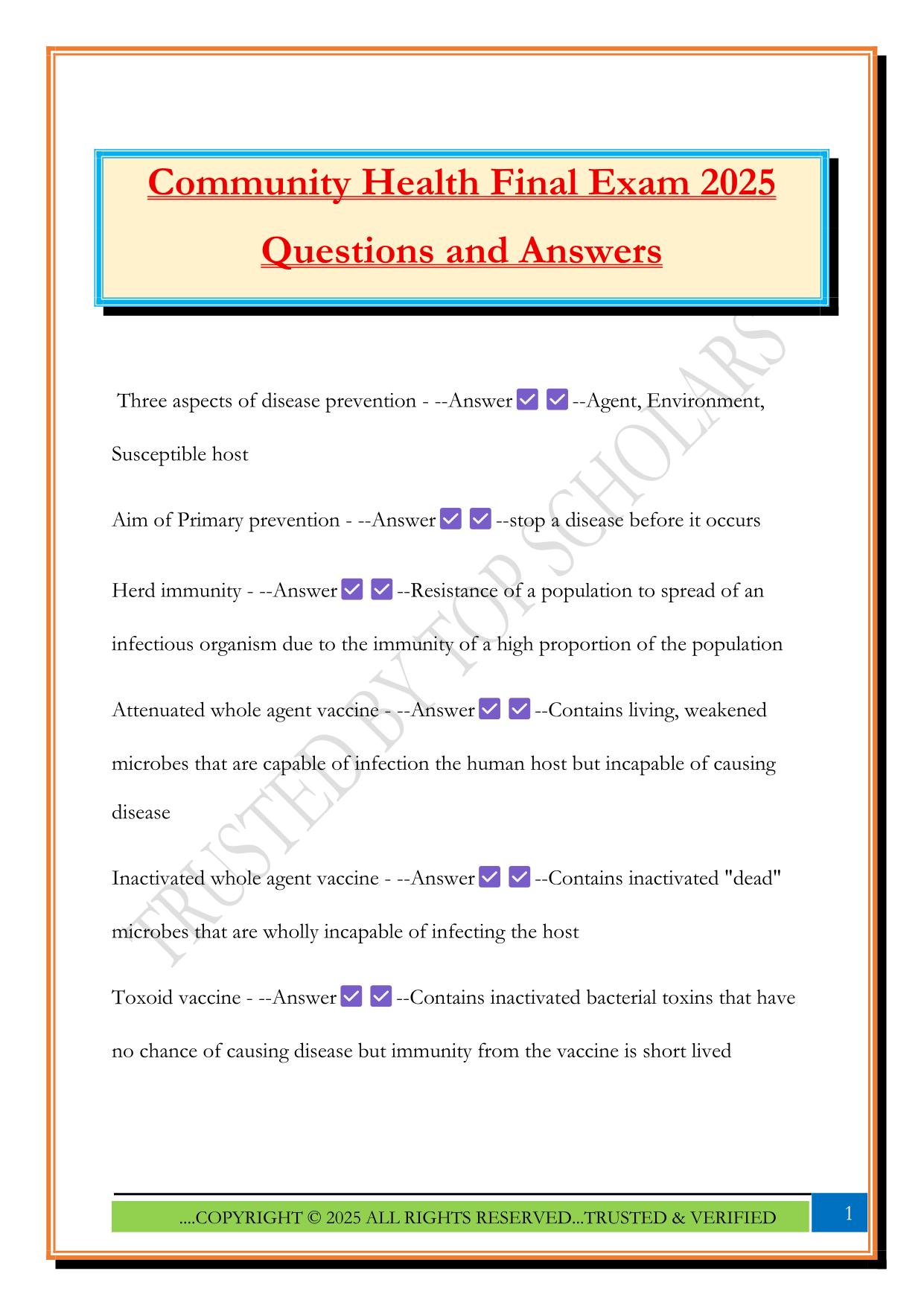 Community Health Final Exam 2025 Questions and Answers