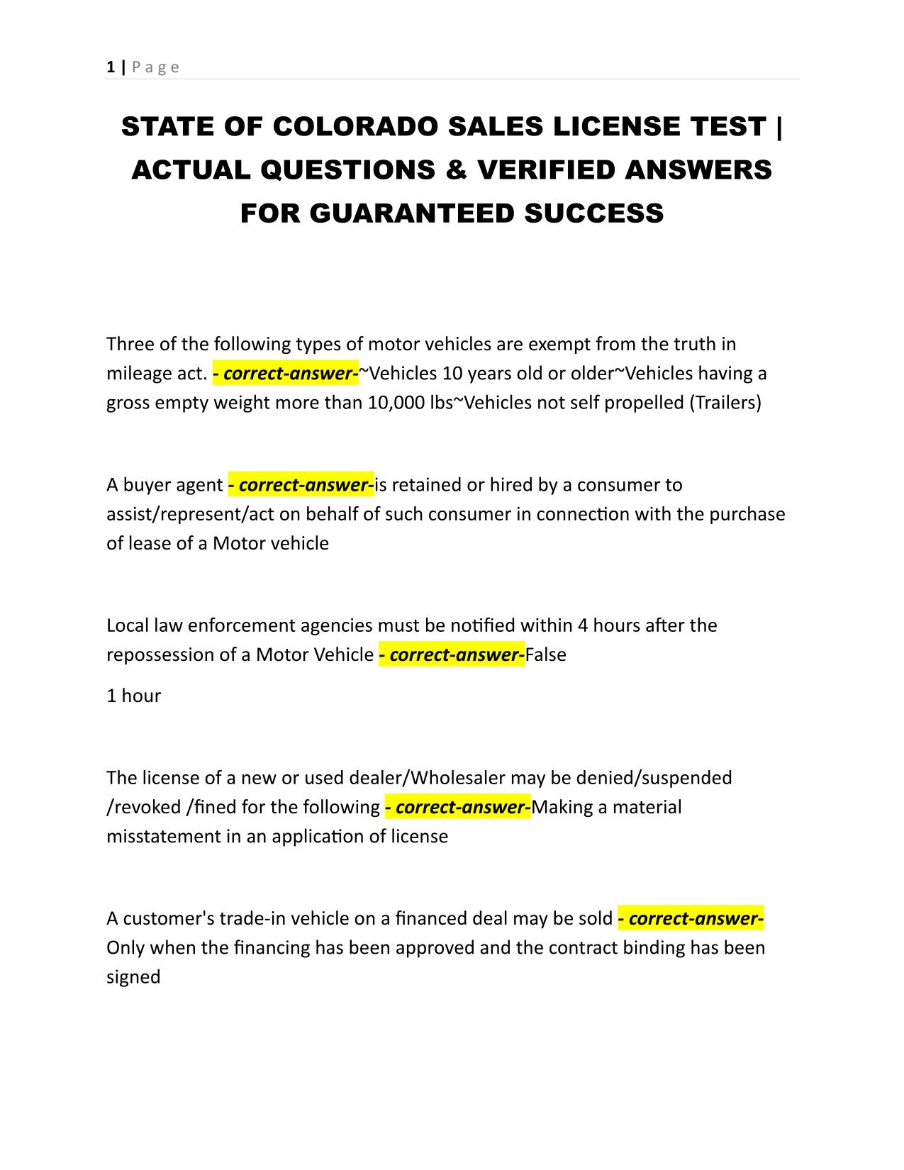 STATE OF COLORADO SALES LICENSE TEST | ACTUAL QUESTIONS & VERIFIED ANSWERS FOR GUARANTEED SUCCESS