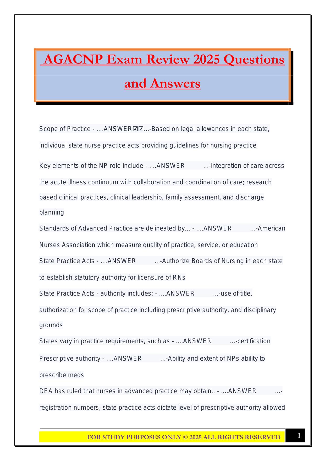 AGACNP Exam Review 2025 Questions and Answers