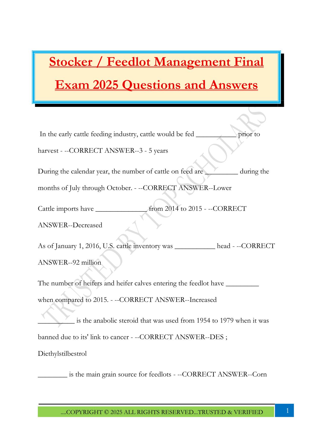 Stocker / Feedlot Management Final Exam 2025 Questions and Answers