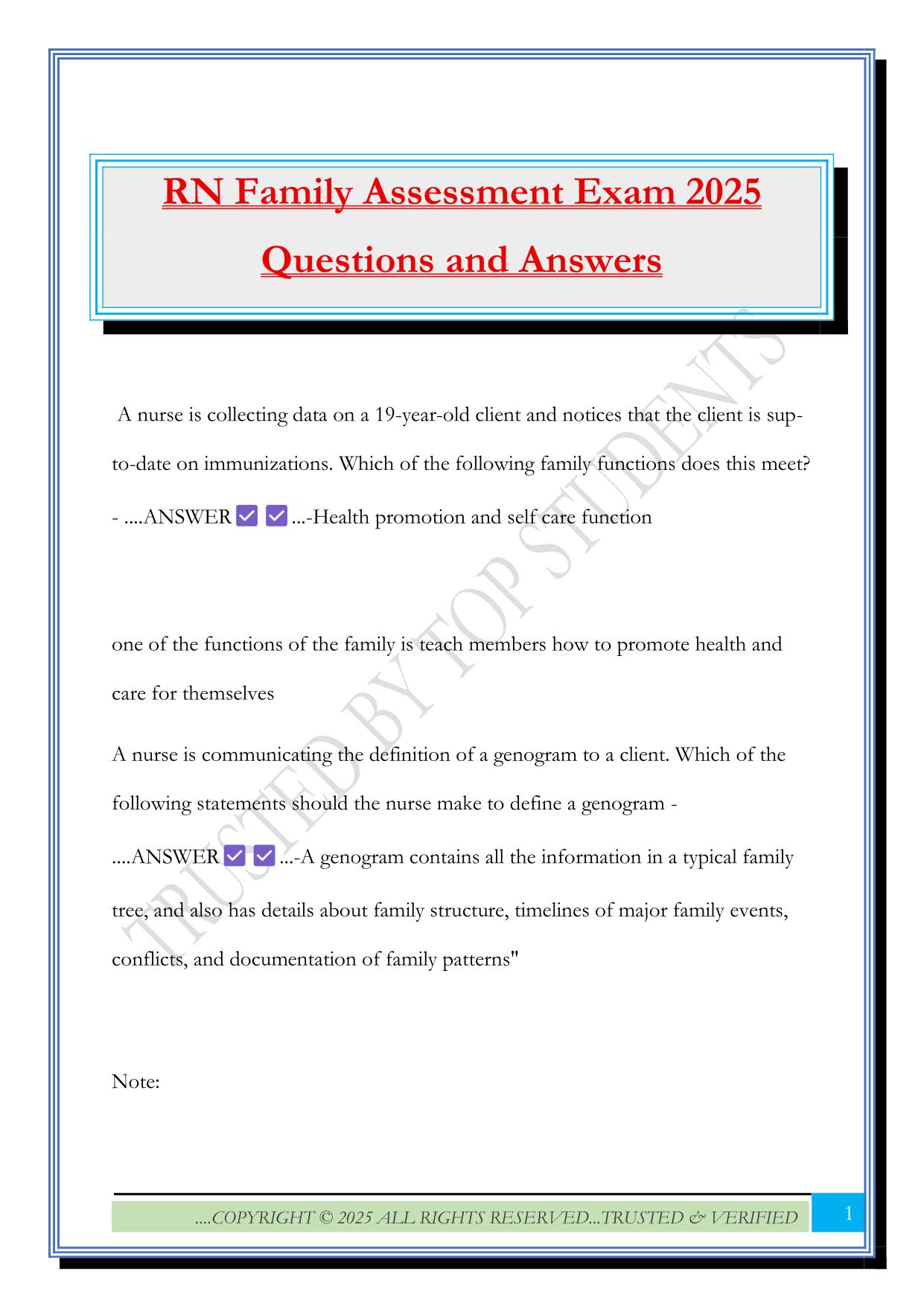 RN Family Assessment Exam 2025 Questions and Answers